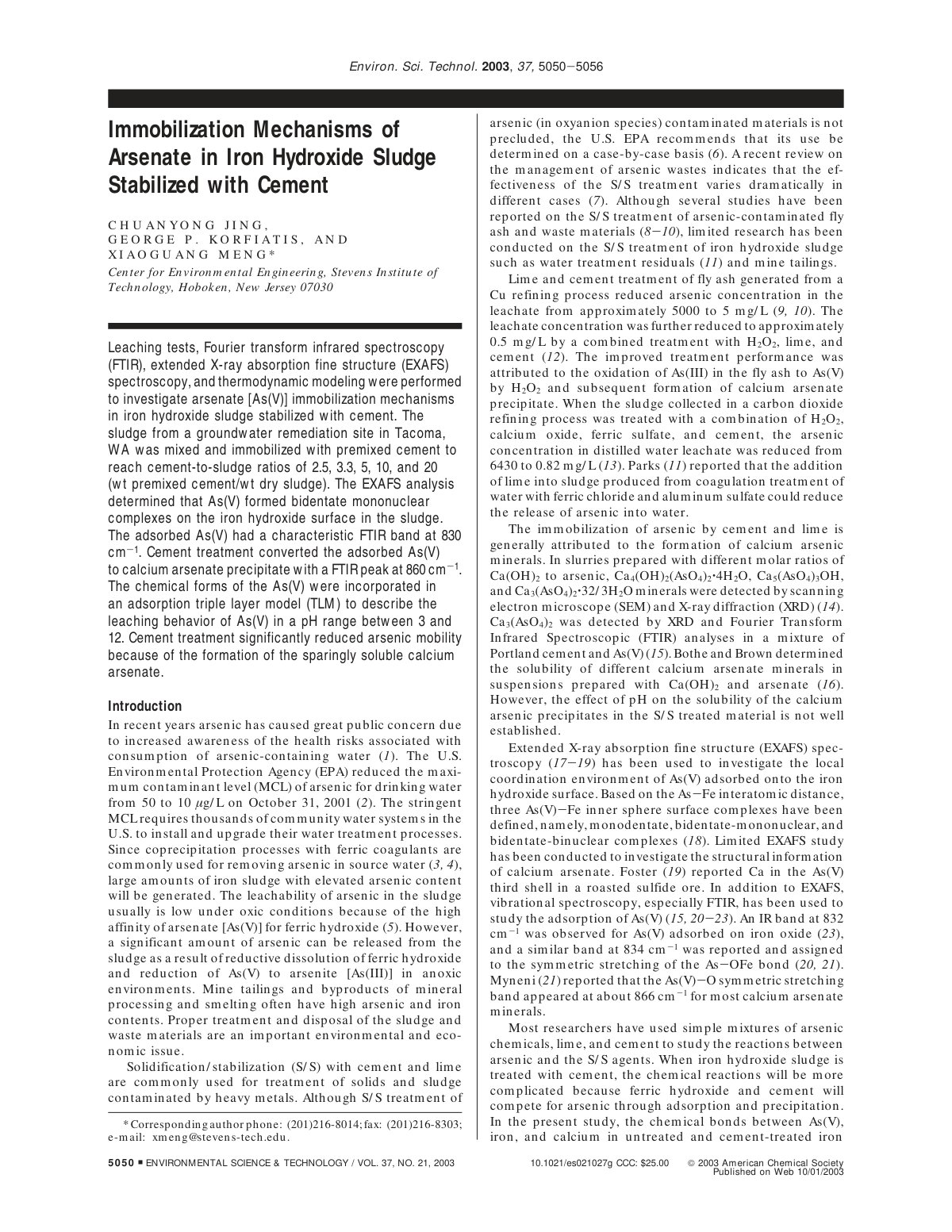 First page of Immobilization Mechanisms of Arsenate in