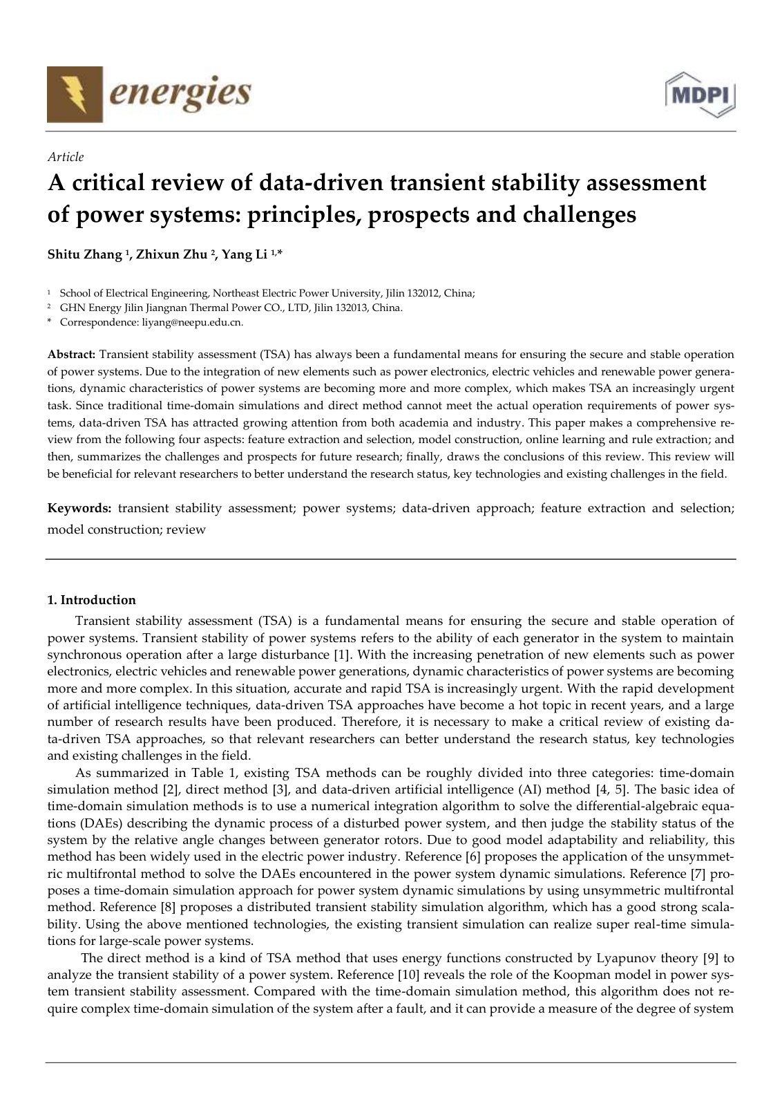 First page of A critical review of data-driven transient stability assessment