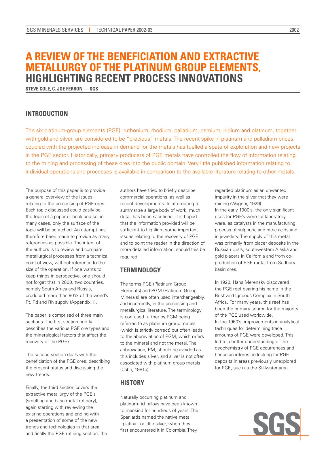 First page of sgs min tp2002 03 beneficiation and extractive metallurgy of pge