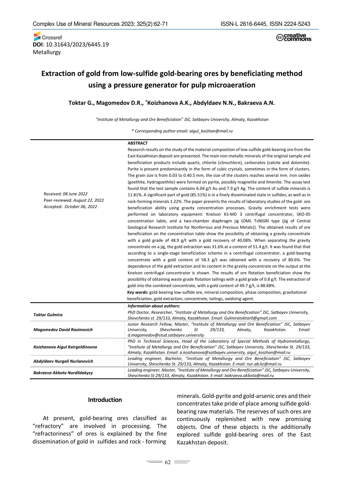 First page of Extraction of gold from low sulfide gold