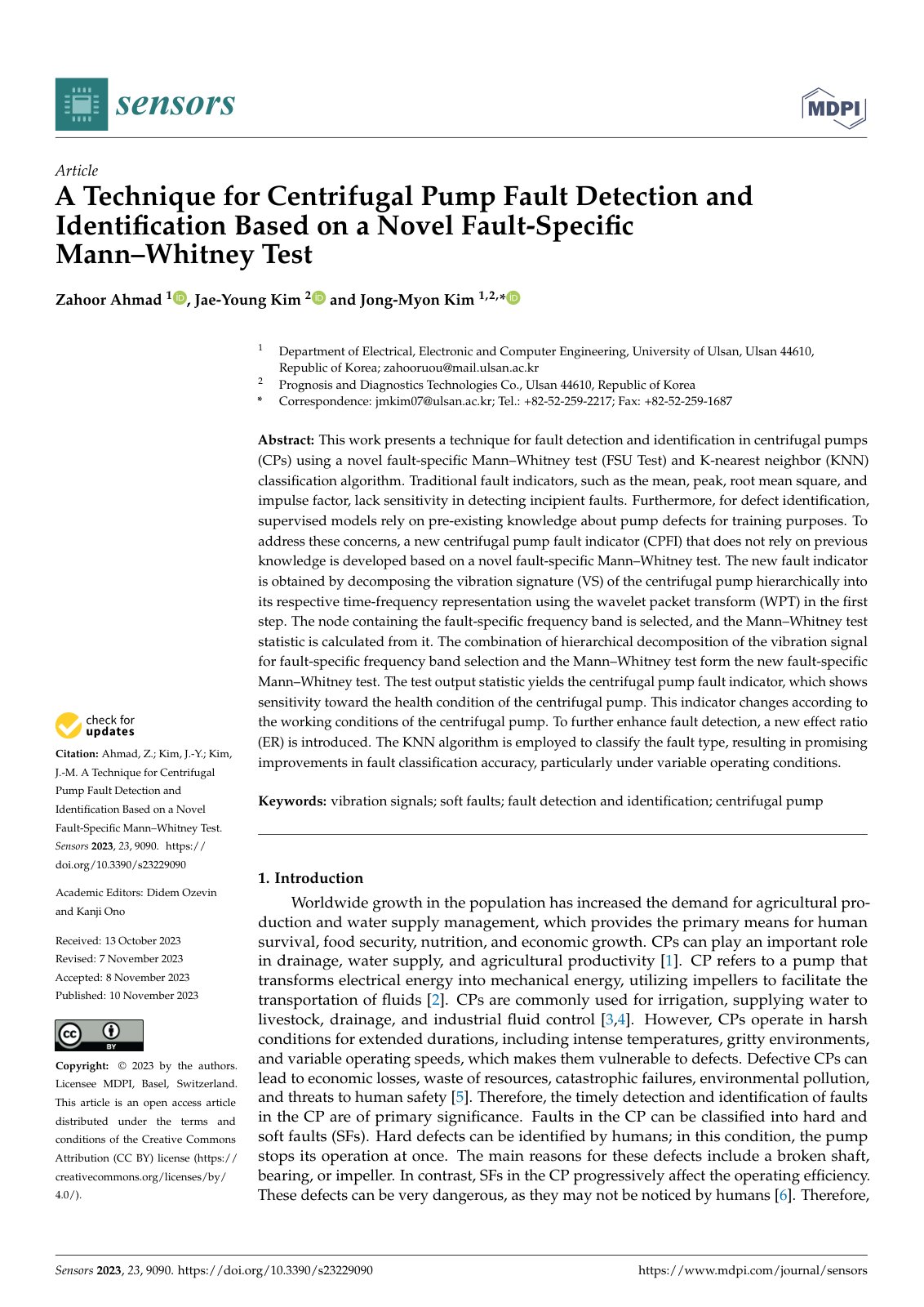 First page of A Technique for Centrifugal Pump Fault Detection and Identification Based on a Novel Fault-Specific Mann–Whitney Test