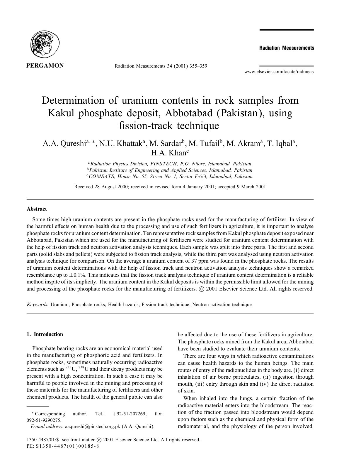 First page of Determination of uranium contents in rocksamples from Kakul phosphate deposit, Abbotabad (Pakistan), using fission-track technique