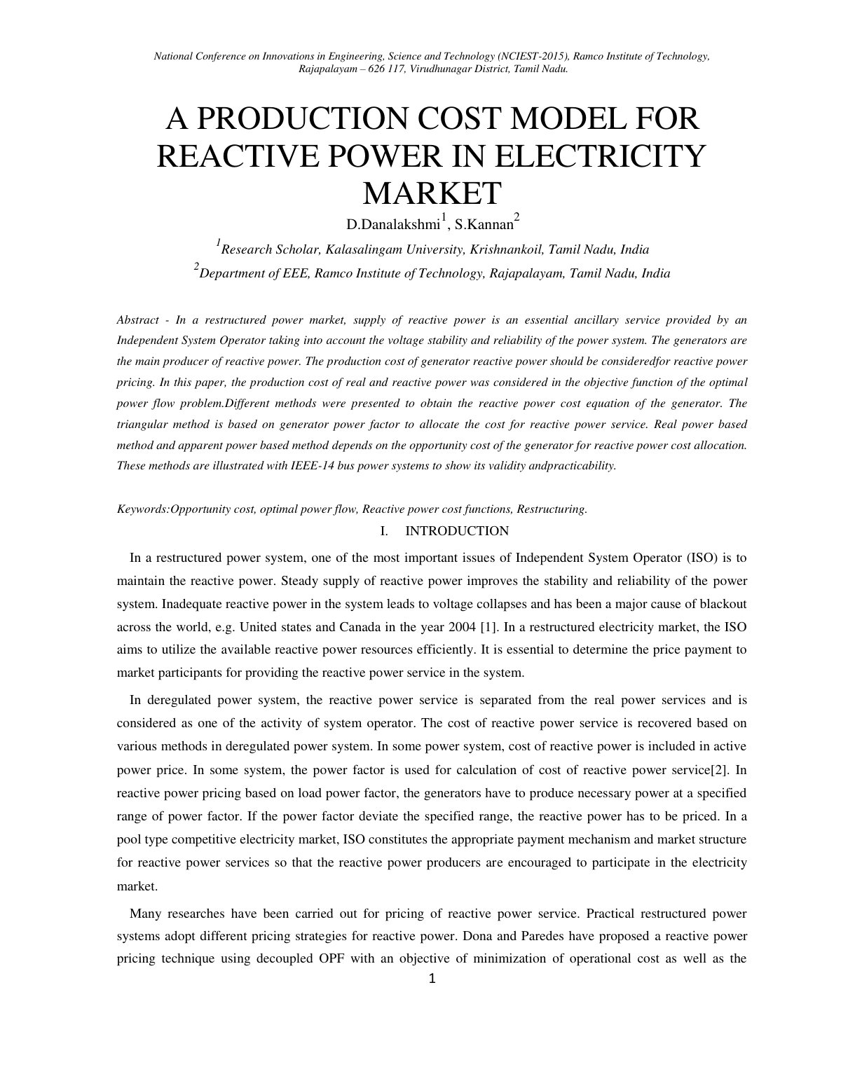 First page of A PRODUCTION COST MODEL FOR REACTIVE POW