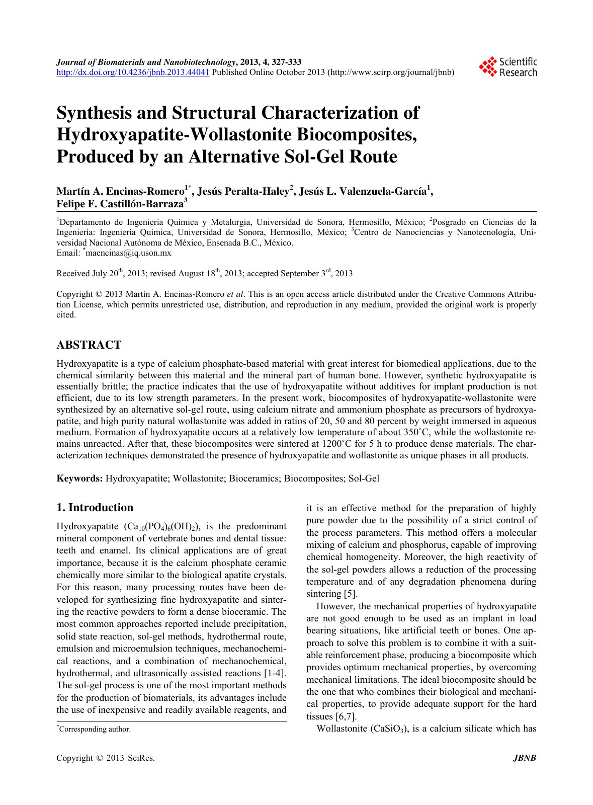 First page of Synthesis and Structural Characterization of Hydroxyapatite-Wollastonite Biocomposites, Produced by an Alternative Sol-Gel Route