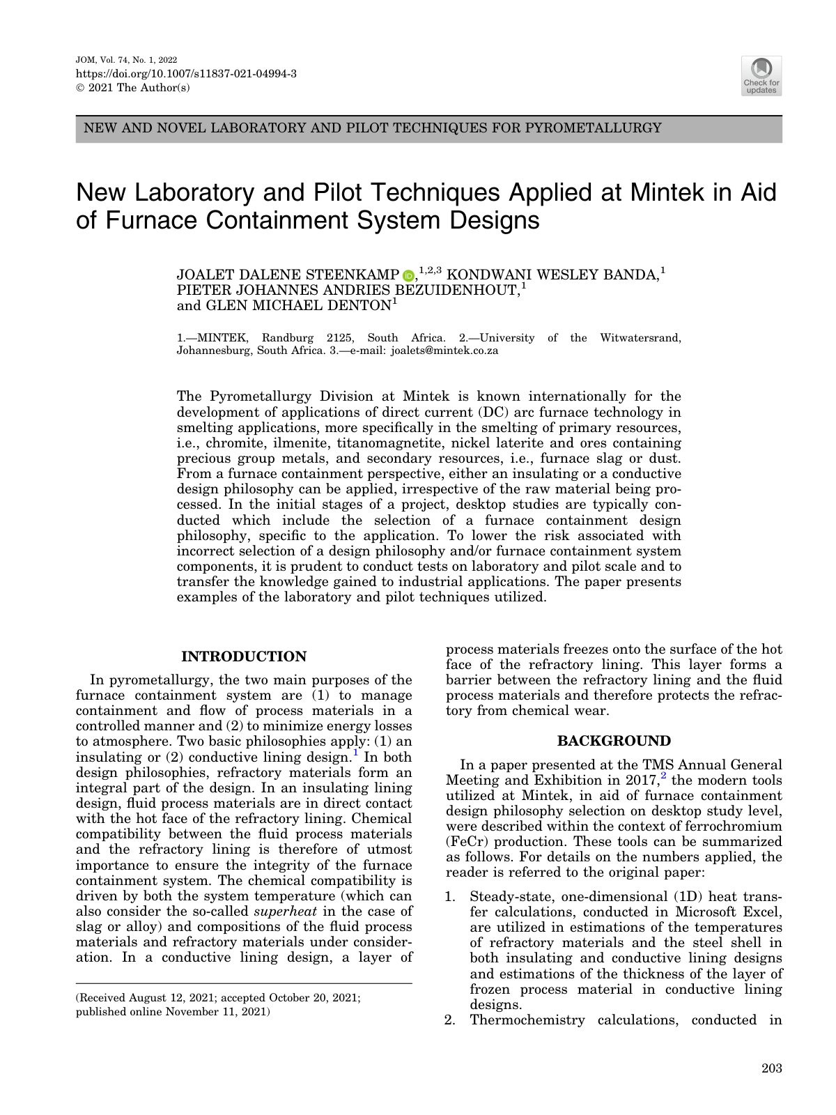 First page of NEW AND NOVEL LABORATORY AND PILOT TECHNIQUES FOR PYROMETALLURGY