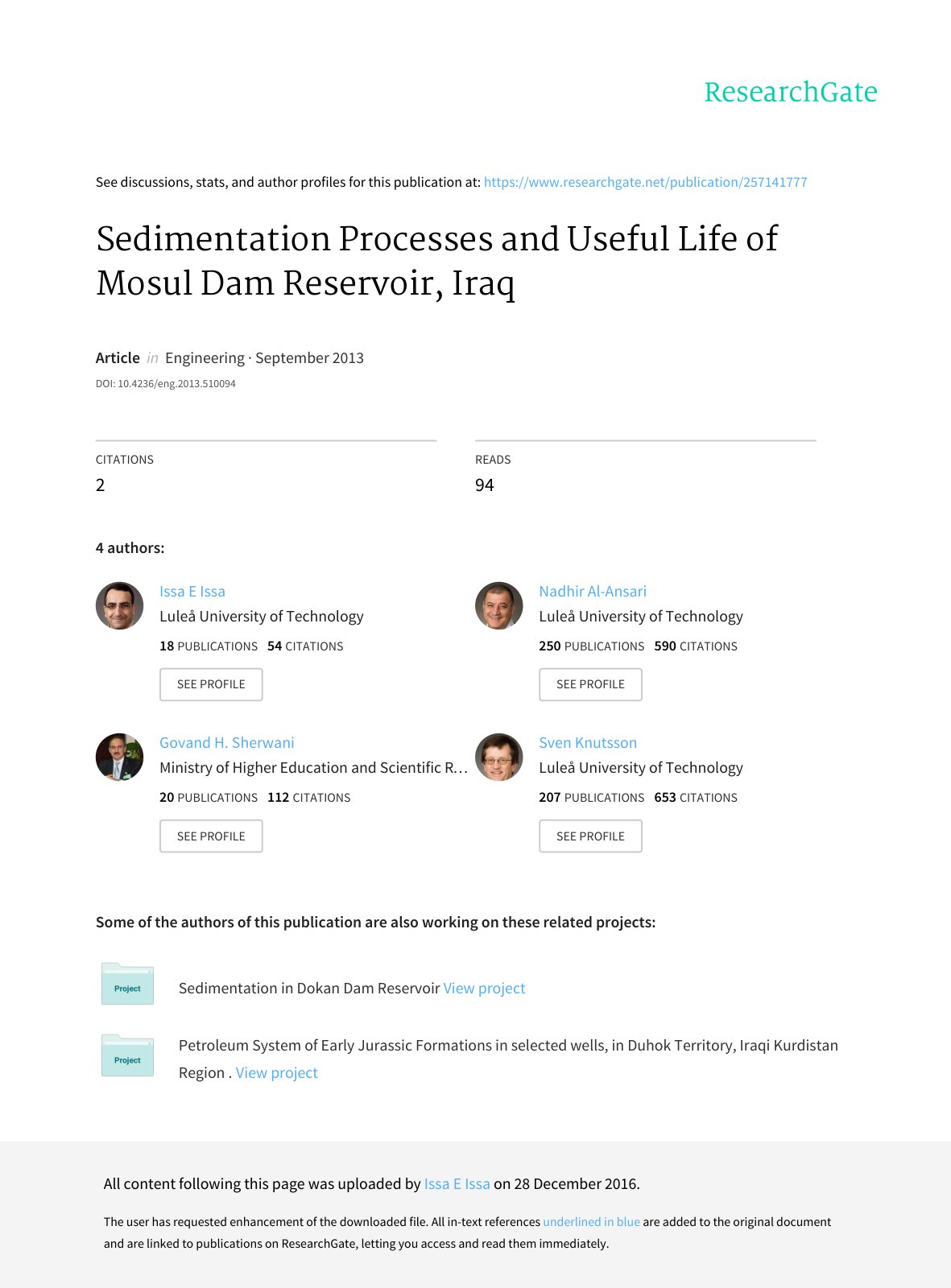 First page of Sedimentation Processes and Useful Life