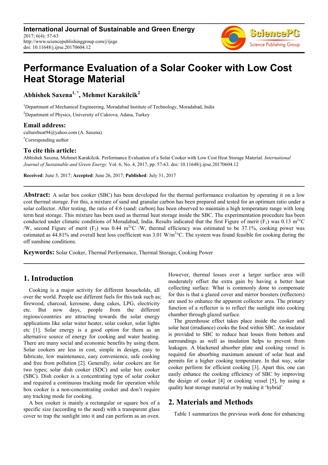 First page of Performance Evaluation of a Solar Cooker