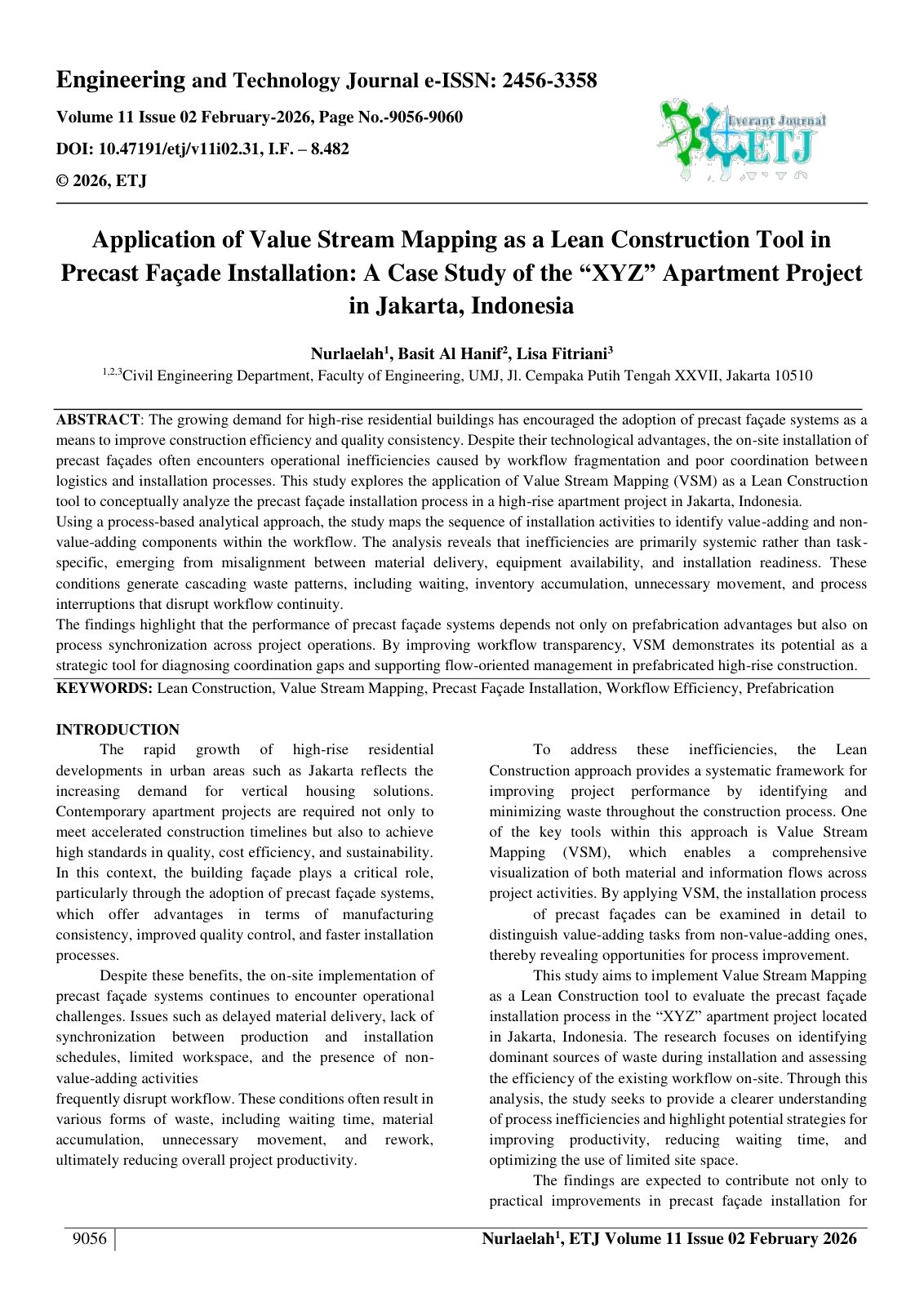 First page of Application of Value Stream Mapping as a Lean Construction Tool in  Precast Façade Installation: A Case Study of the “XYZ” Apartment Project  in Jakarta, Indonesia  