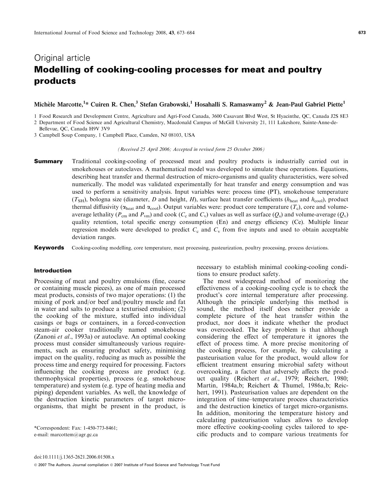 First page of Modelling of cooking cooling processes f