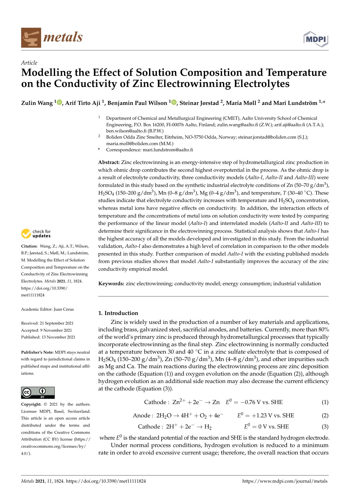 First page of 2021 Zulin Wang Modelling the Effect of Solution Composition and Temperature on the Conductivity of Zinc Electrowinning E met11111824