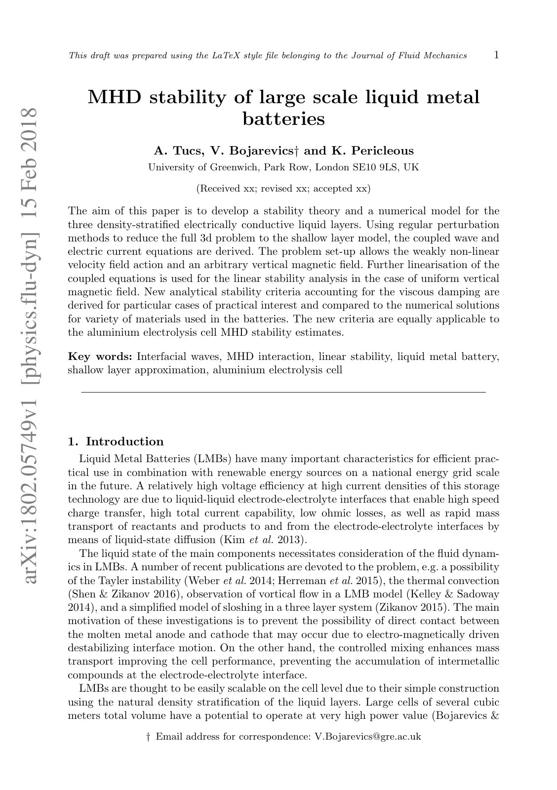 First page of MHD stability of large scale liquid metal batteries