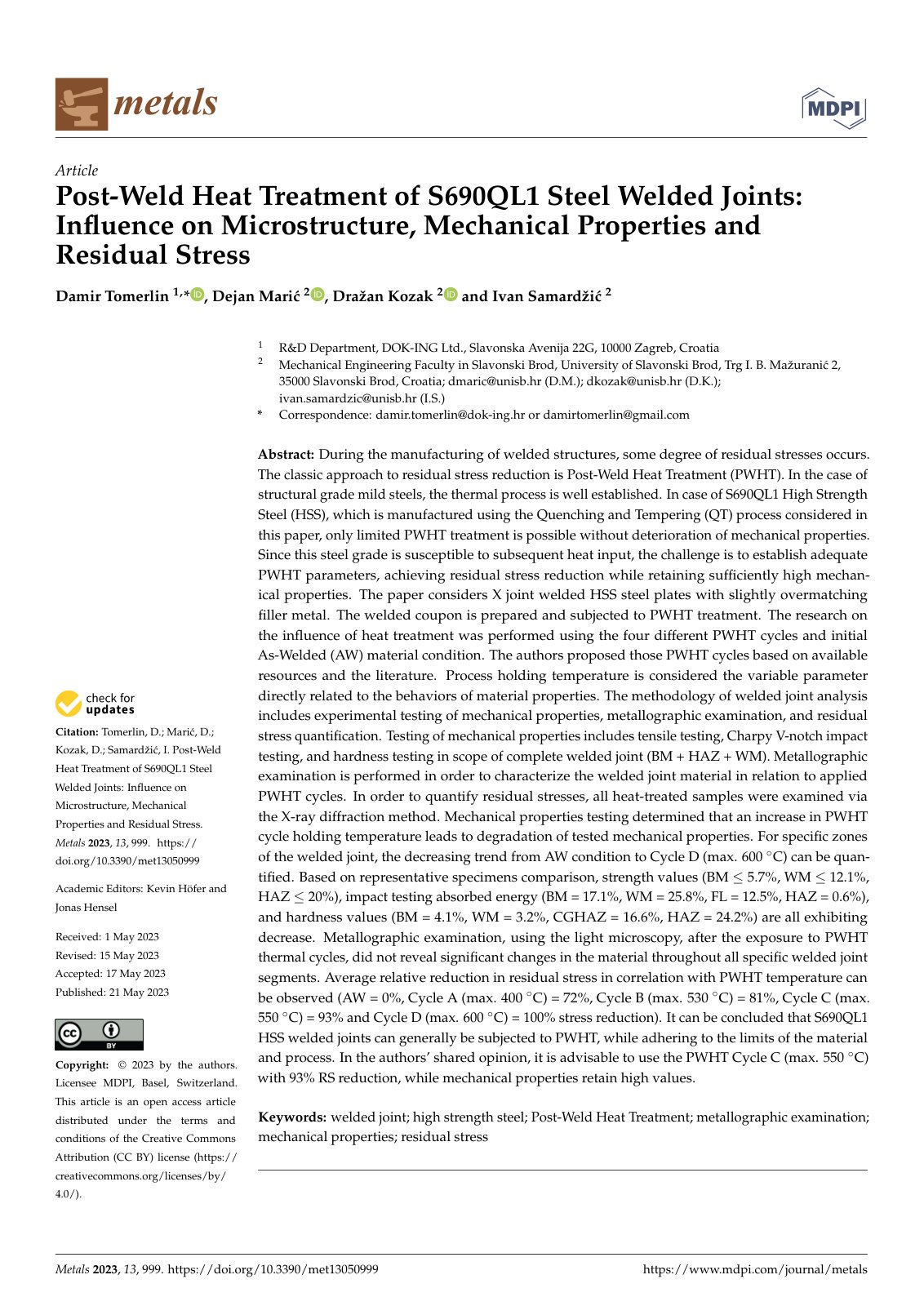 First page of Post-Weld Heat Treatment of S690QL1 Steel Welded Joints: Influence on Microstructure, Mechanical Properties and Residual Stress