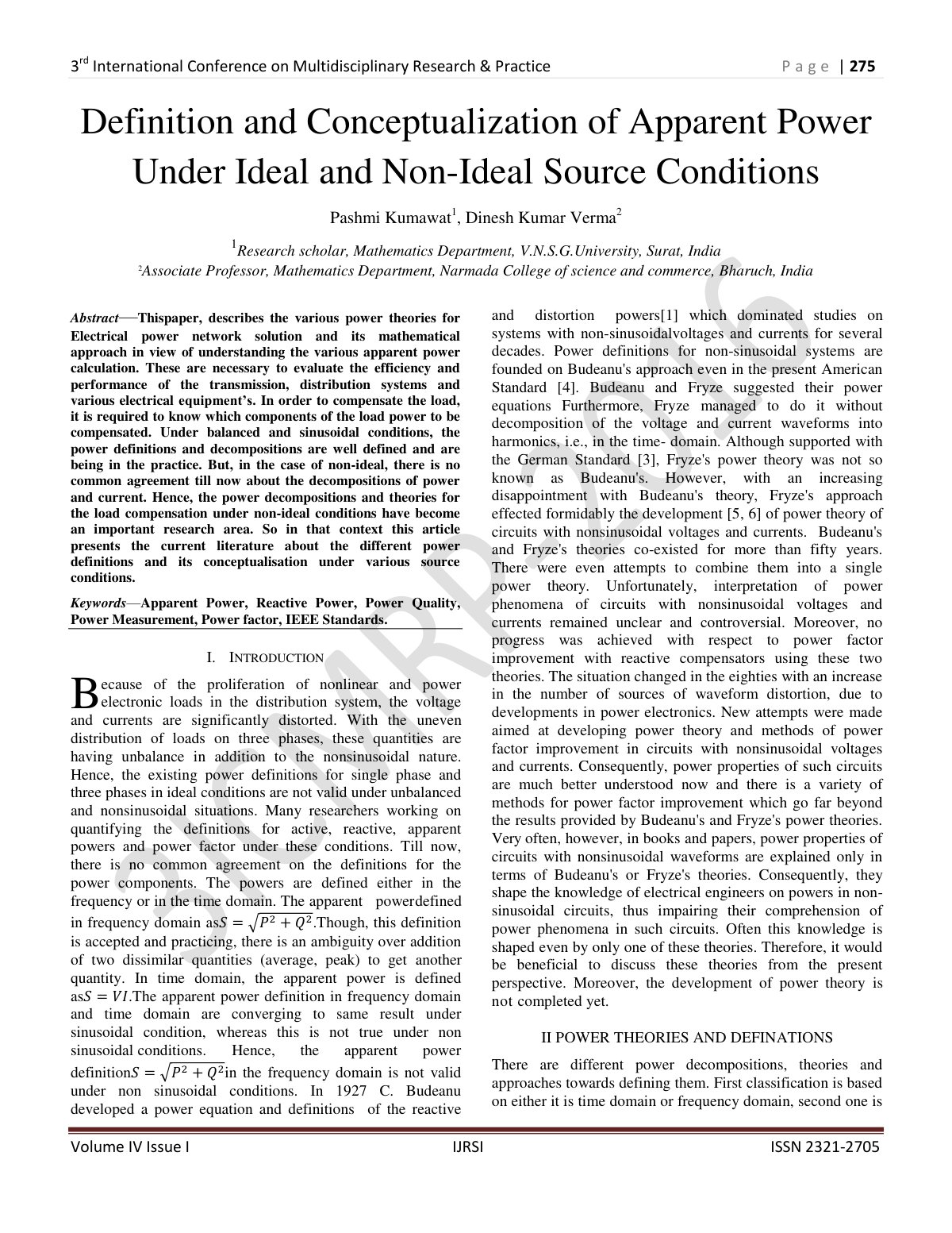 First page of Definition and Conceptualization of Apparent Power Under Ideal and Non-Ideal Source Conditions