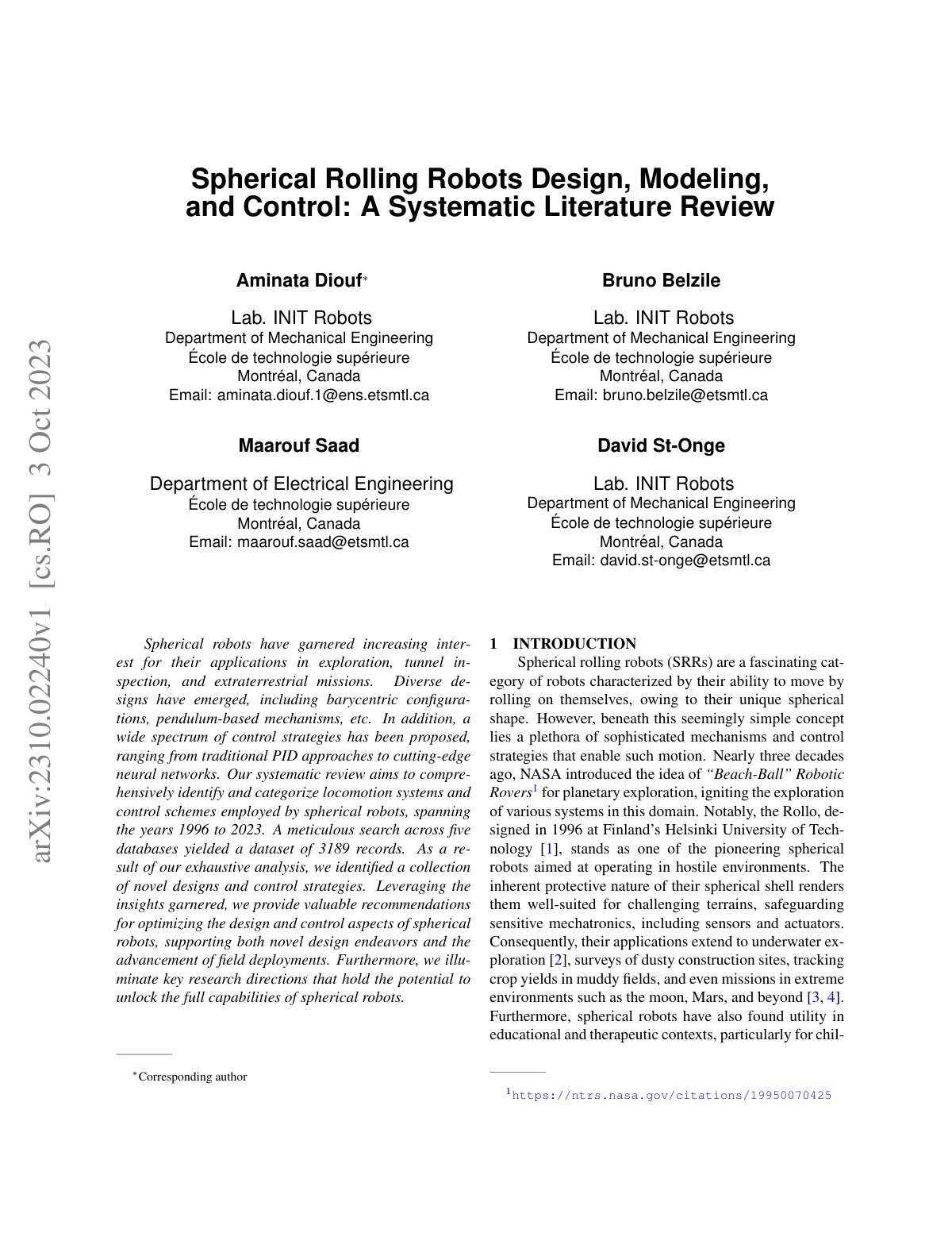 First page of Spherical Rolling Robots Design, Modeling,