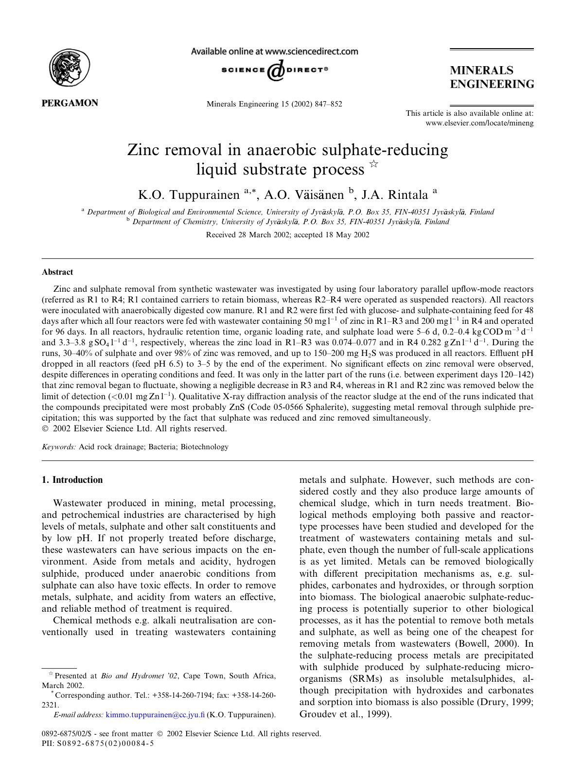 First page of Zinc removal in anaerobic sulphate-reducing liquid substrate process