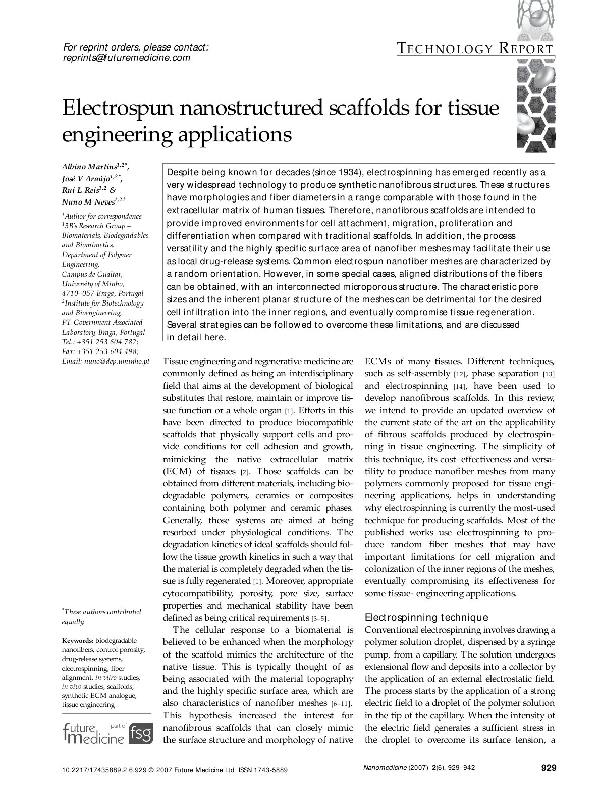 First page of Electrospun nanostructured scaffolds for