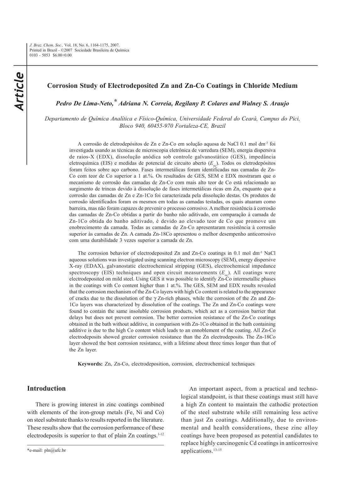 First page of Corrosion Study of Electrodeposited Zn and Zn-Co Coatings in Chloride Medium