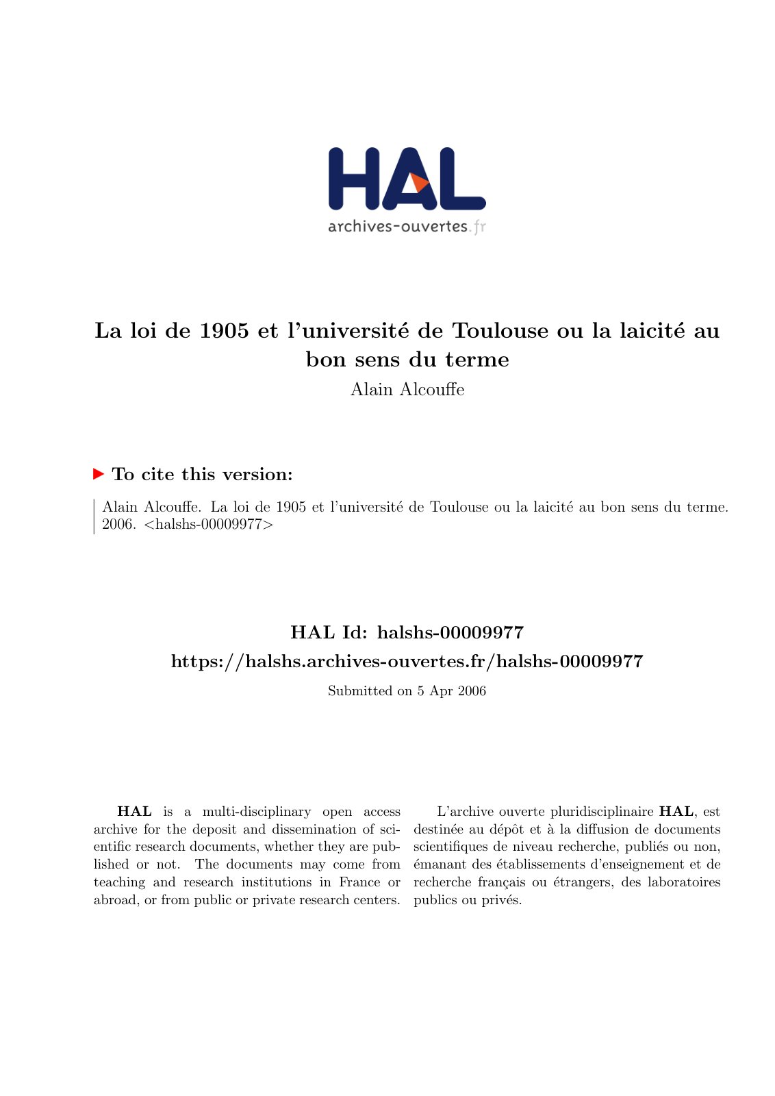 First page of La loi de 1905 et l’universit´ e de Toulouse ou la laicit´ e au bon sens du terme