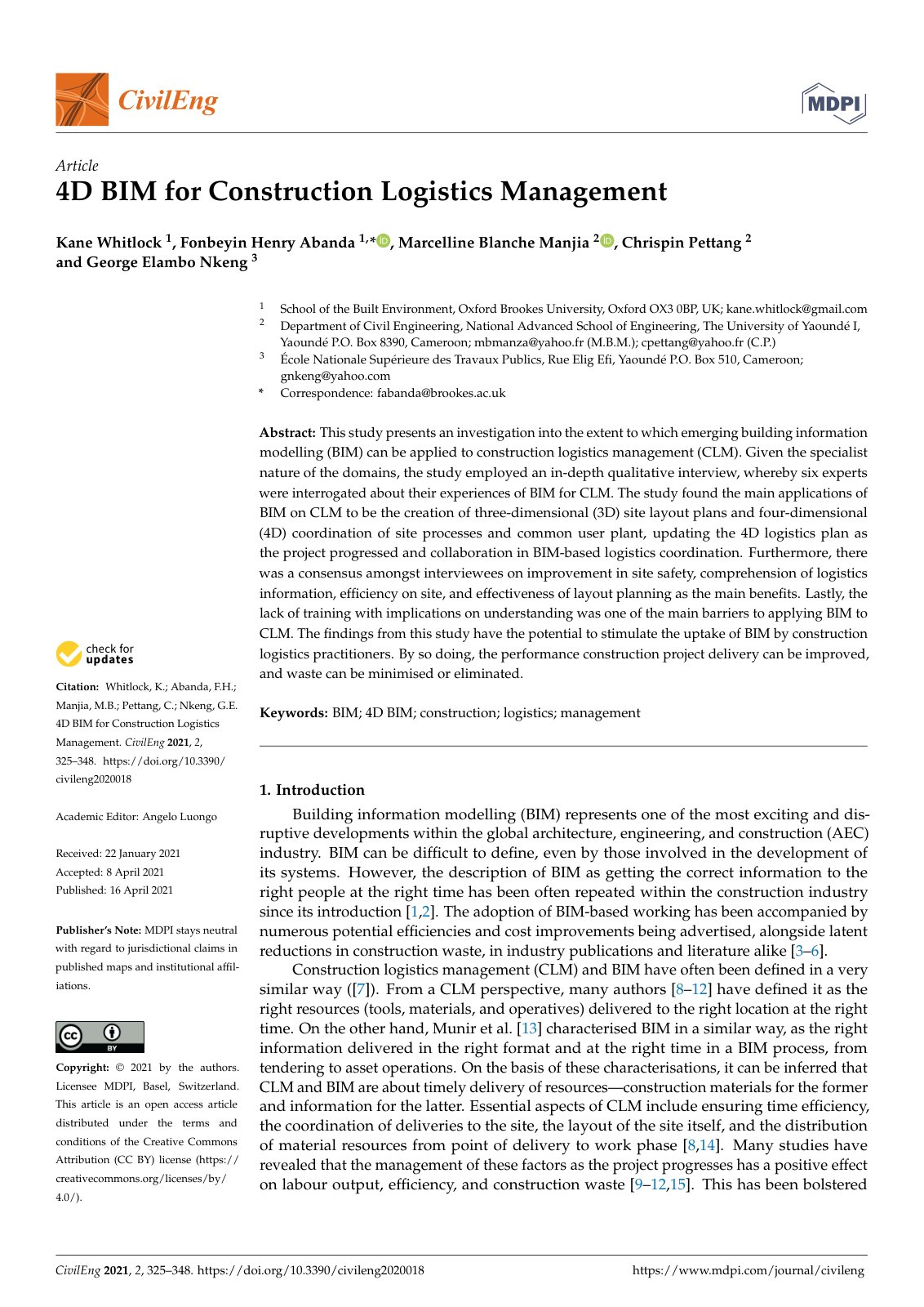 First page of 4D BIM for Construction Logistics Manage