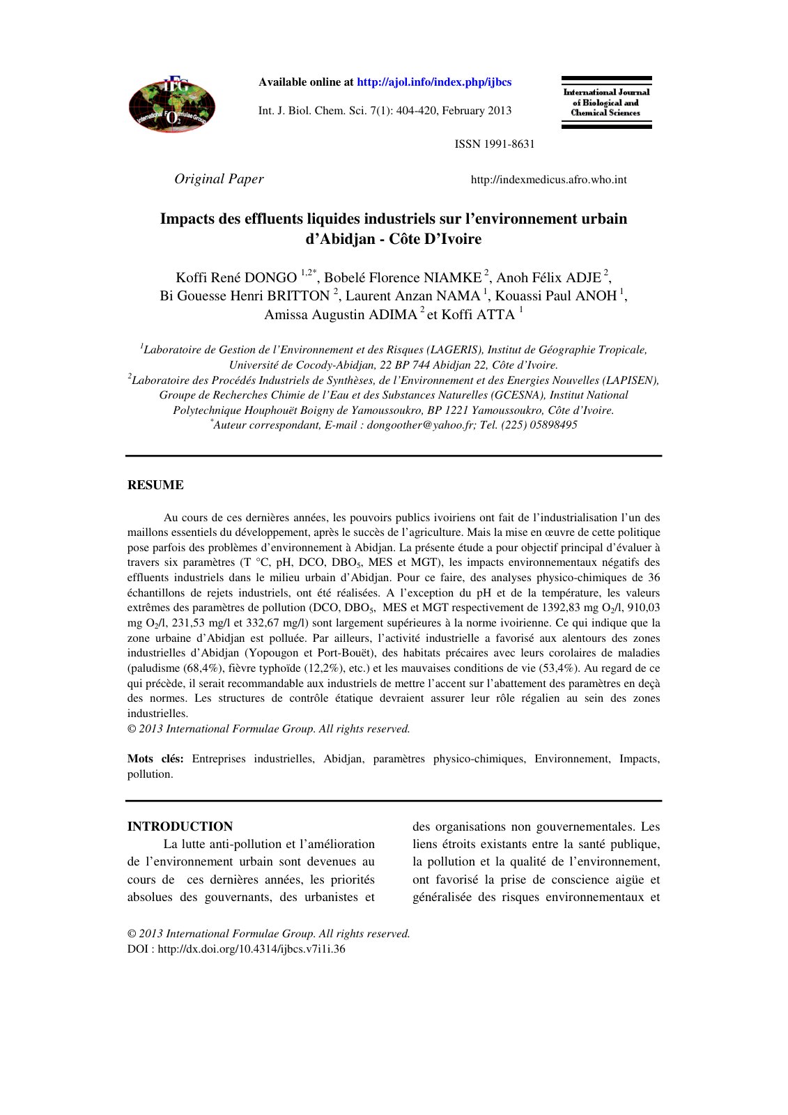 First page of Impacts des effluents liquides industrie