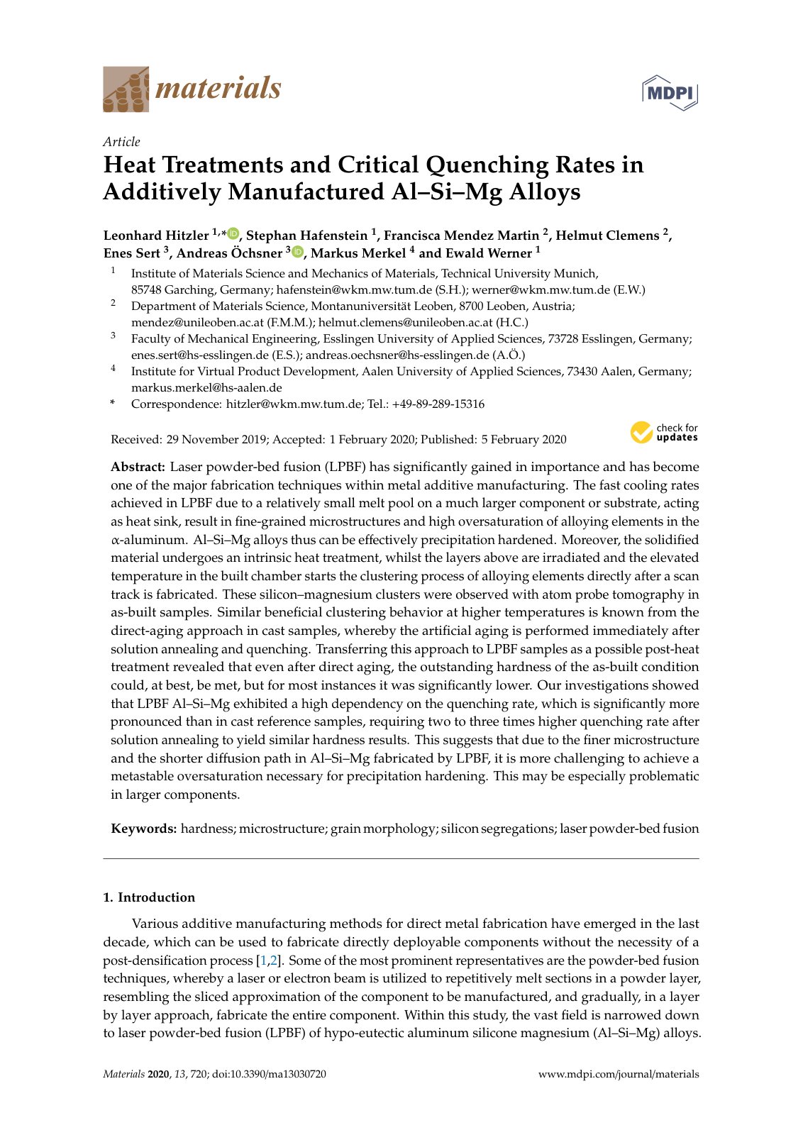 First page of Heat Treatments and Critical Quenching Rates in Additively Manufactured Al–Si–Mg Alloys