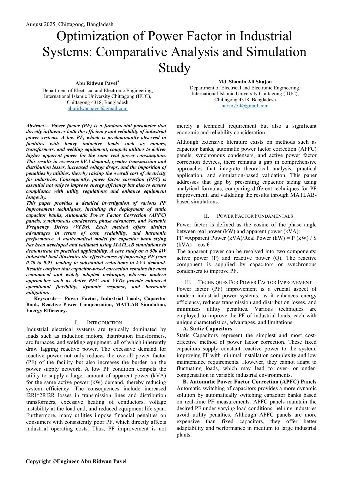 First page of Optimization of Power Factor in Industri