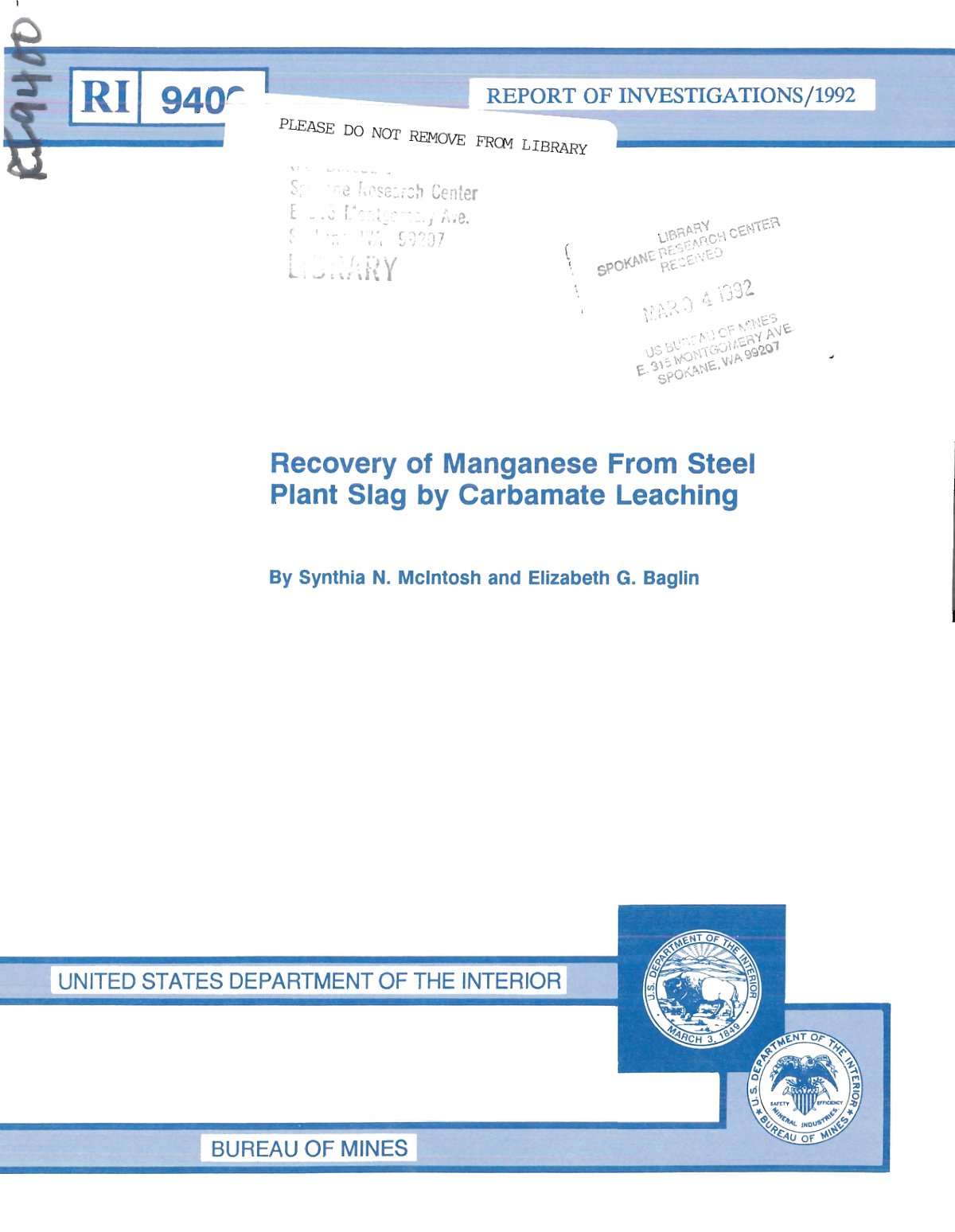 First page of Recovery of Manganese From Steel Plant Slag by Carbamate Leaching
