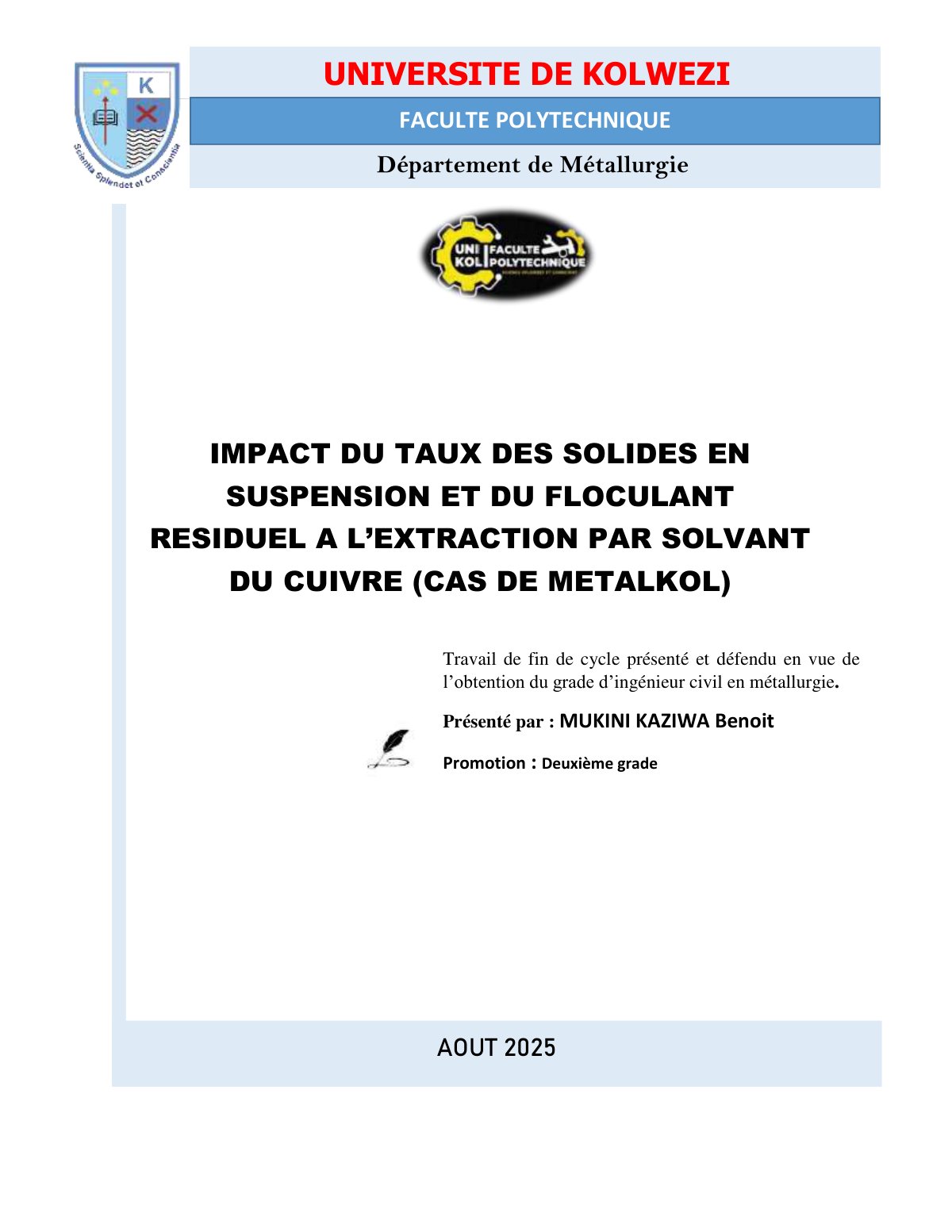 First page of Impact du taux des solides en suspension et du floculant résiduel à l’extraction par solvant du cuivre (Cas de Metalkol)