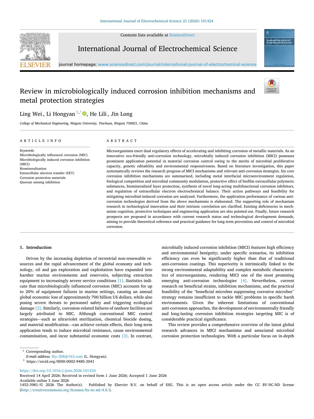 First page of Review in microbiologically induced corrosion in 2026 International Journal 