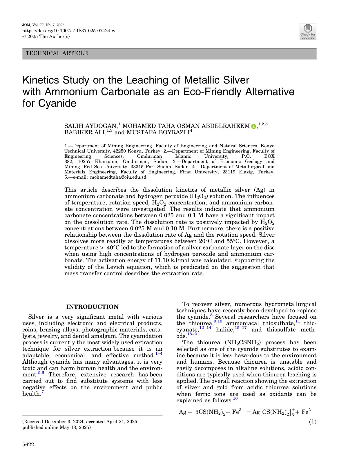 First page of 2025   Aydogan   Silver Leaching with Ammonium Carbonate