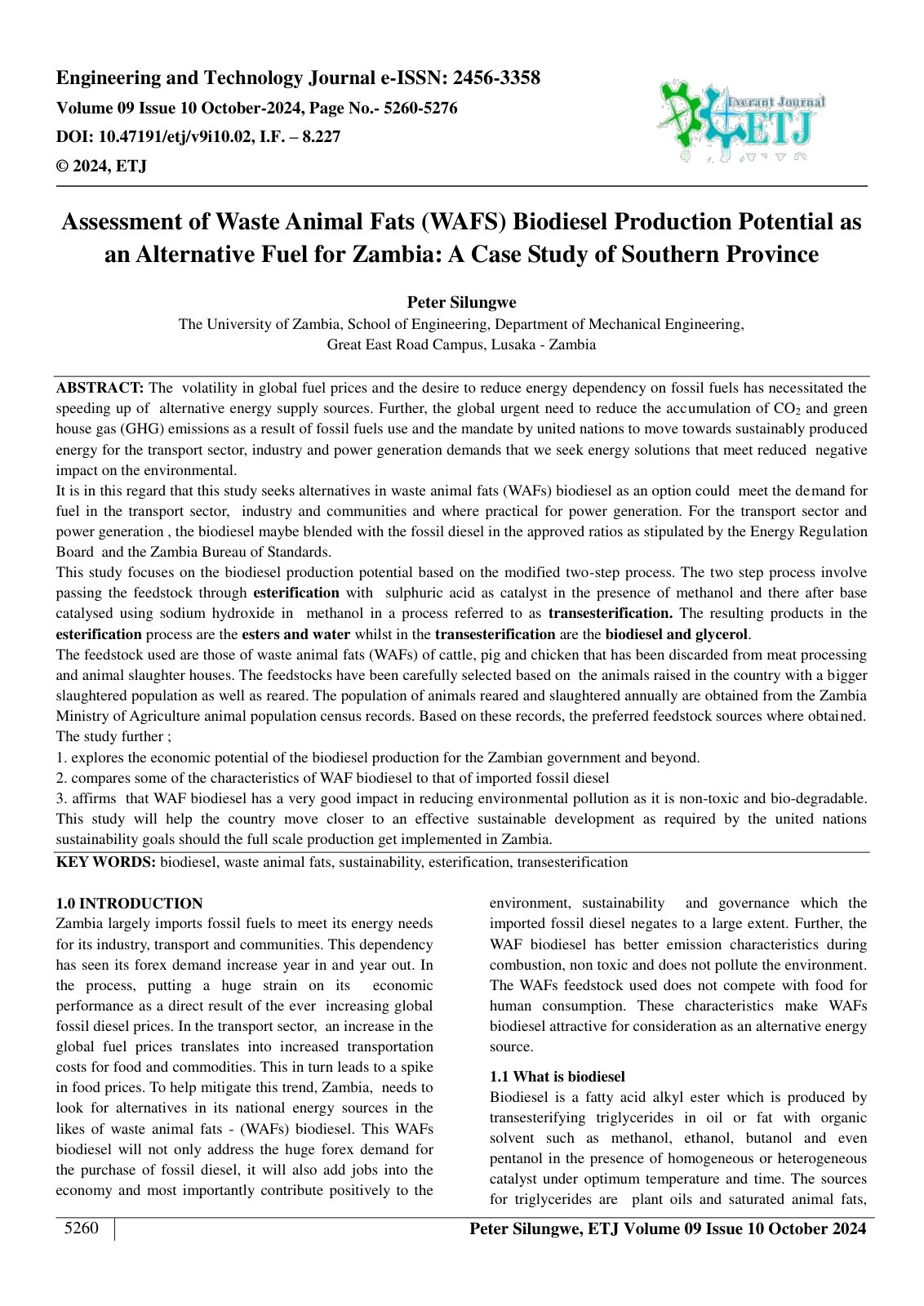 First page of Assessment of Waste Animal Fats (WAFS) Biodiesel Production Potential as 