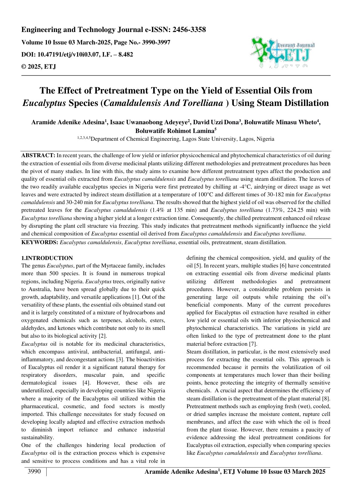 First page of The Effect of Pretreatment Type on the Yield of Essential Oils from  Eucalyptus Species (Camaldulensis And Torelliana ) Using Steam Distillation  