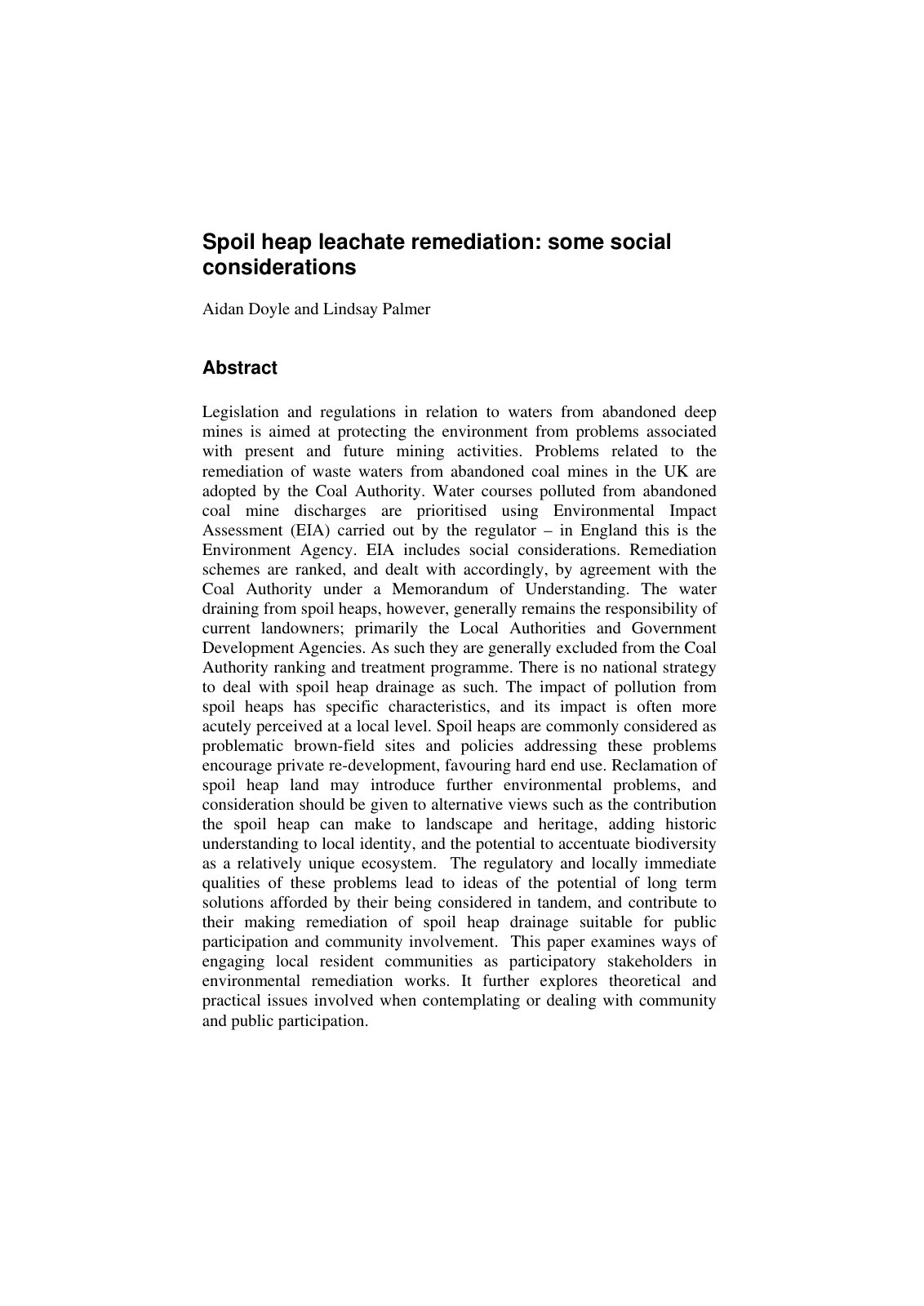 First page of Spoil heap leachate remediation: some social considerations