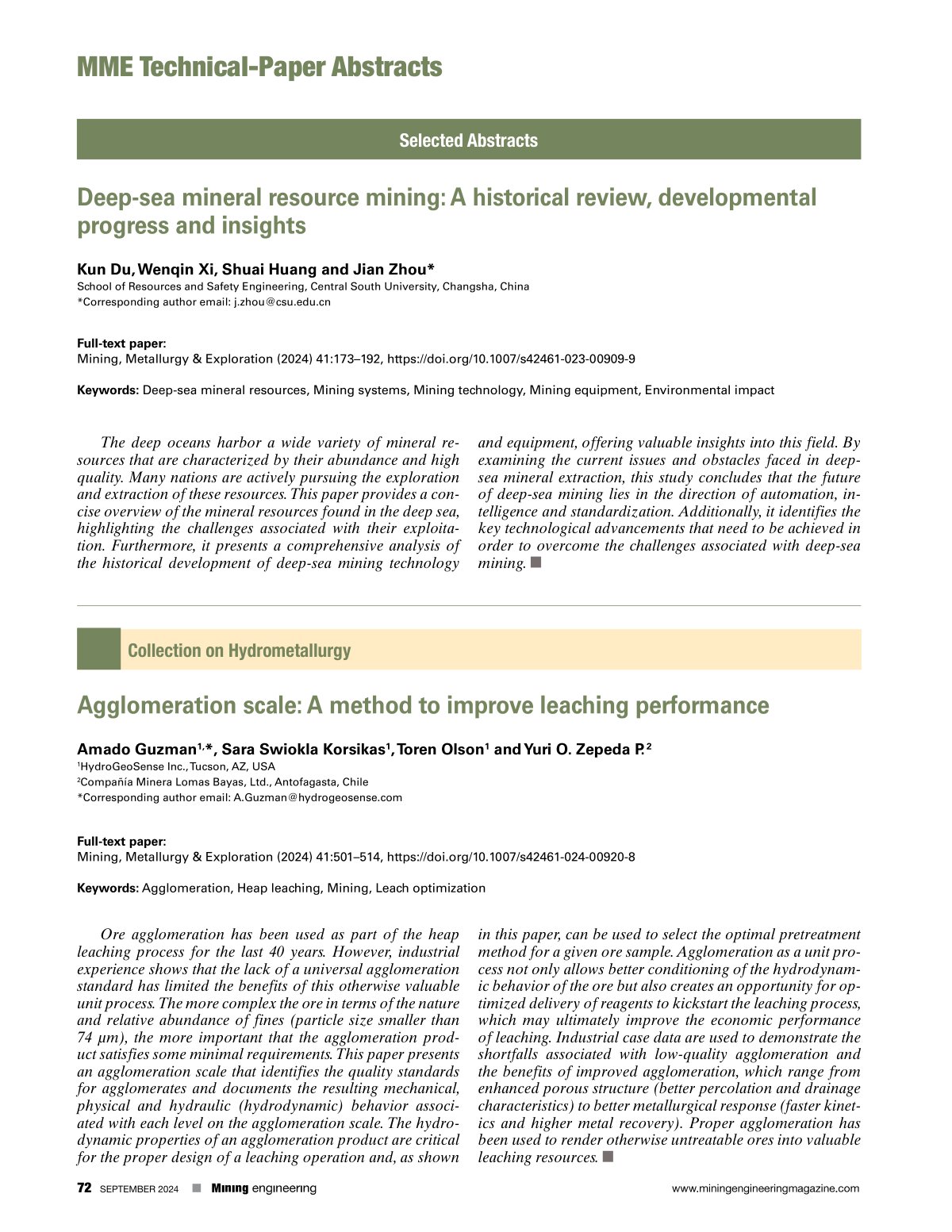 First page of MME Technical-Paper Abstracts Collection on Hydrometallurgy