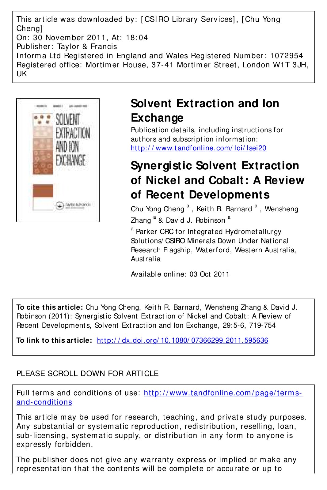First page of Synergistic Solvent Extraction of Nickel