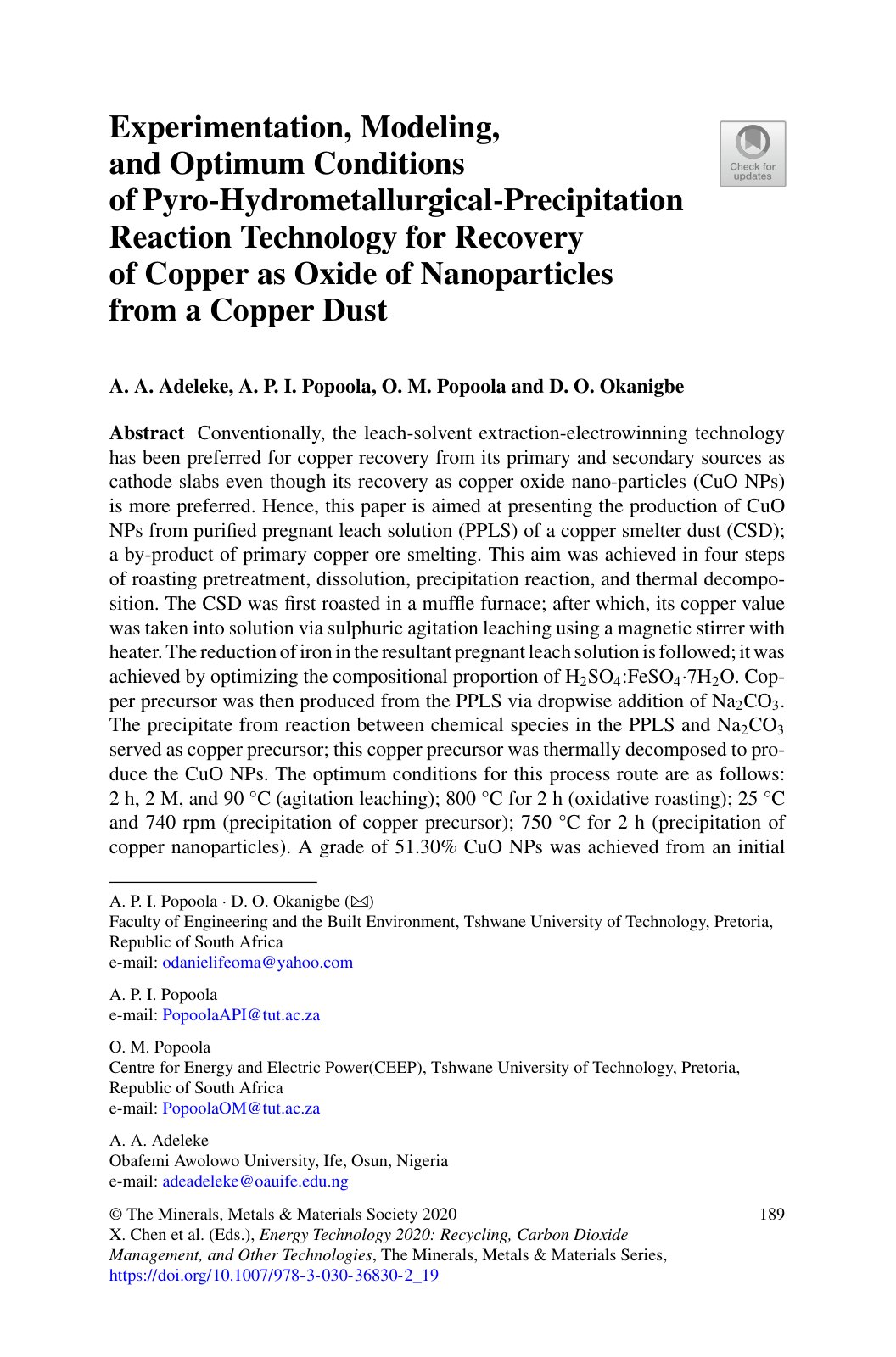 First page of Experimentation Modeling and Optimum Con