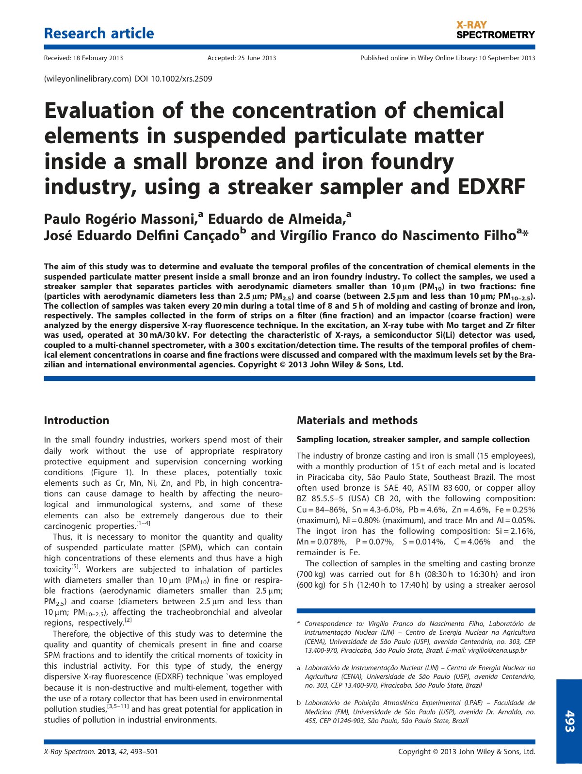 First page of Evaluation of the concentration of chemical elements in suspended particulate matter inside a small bronze and iron foundry industry, using a streaker sampler and EDXRF