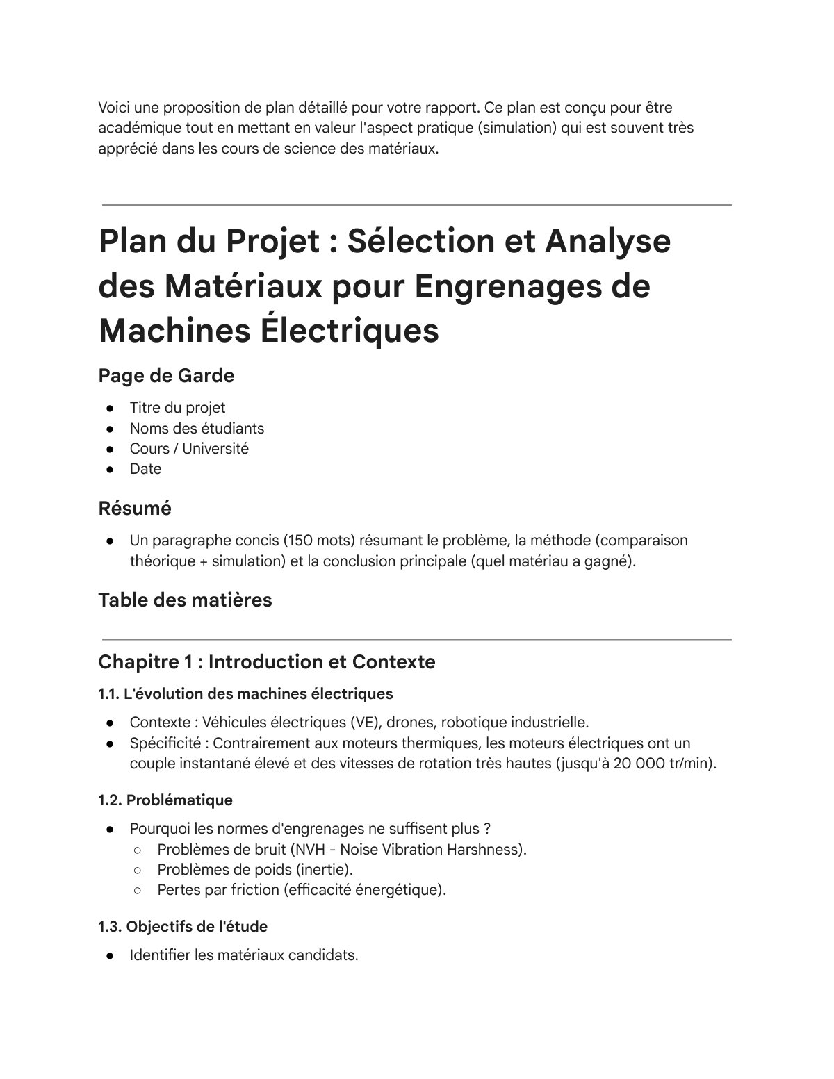 First page of Plan de rapport   Matériaux pour engrenages (1)