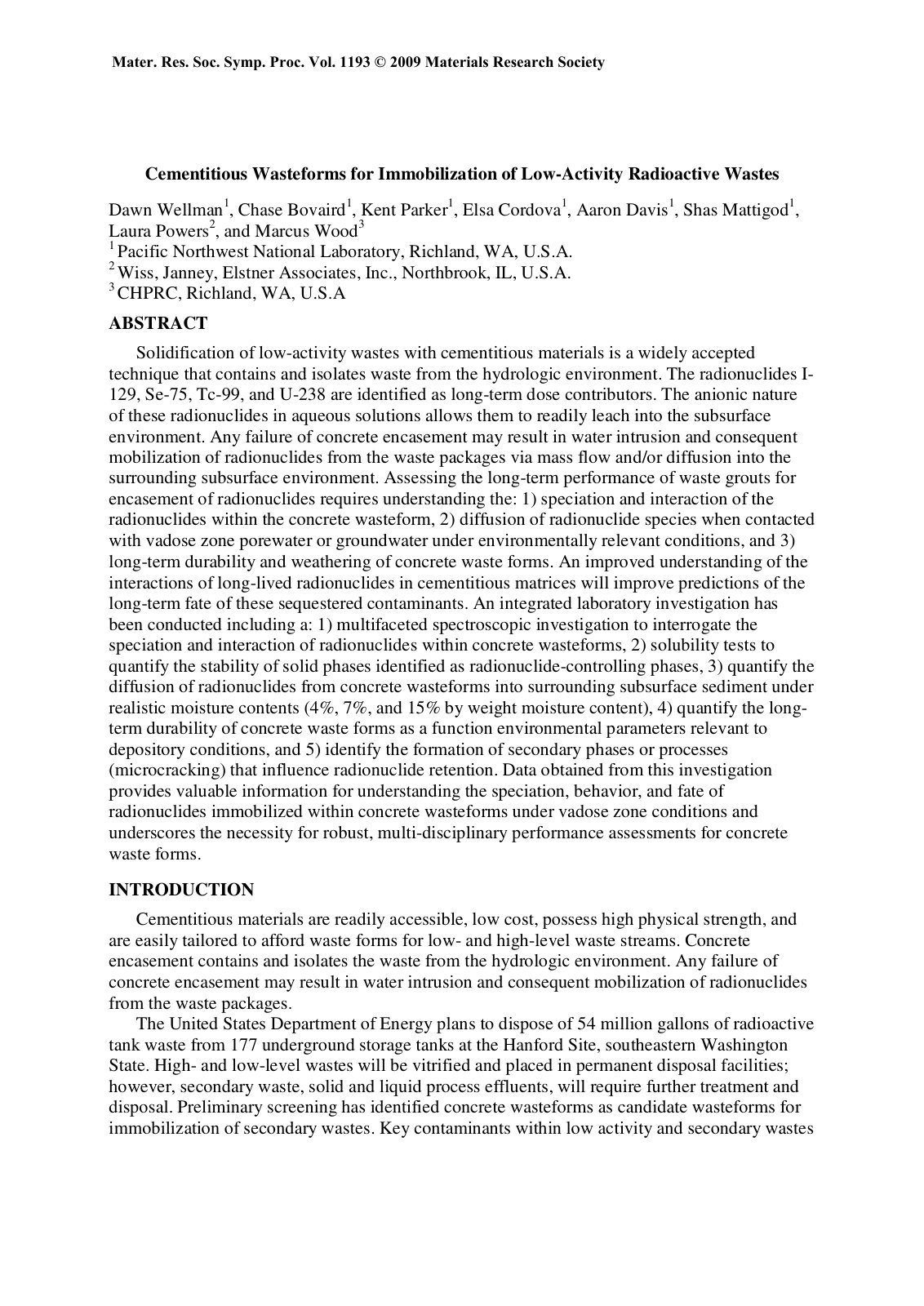 First page of Cementitious Wasteforms for Immobilization of Low-Activity Radioactive Wastes