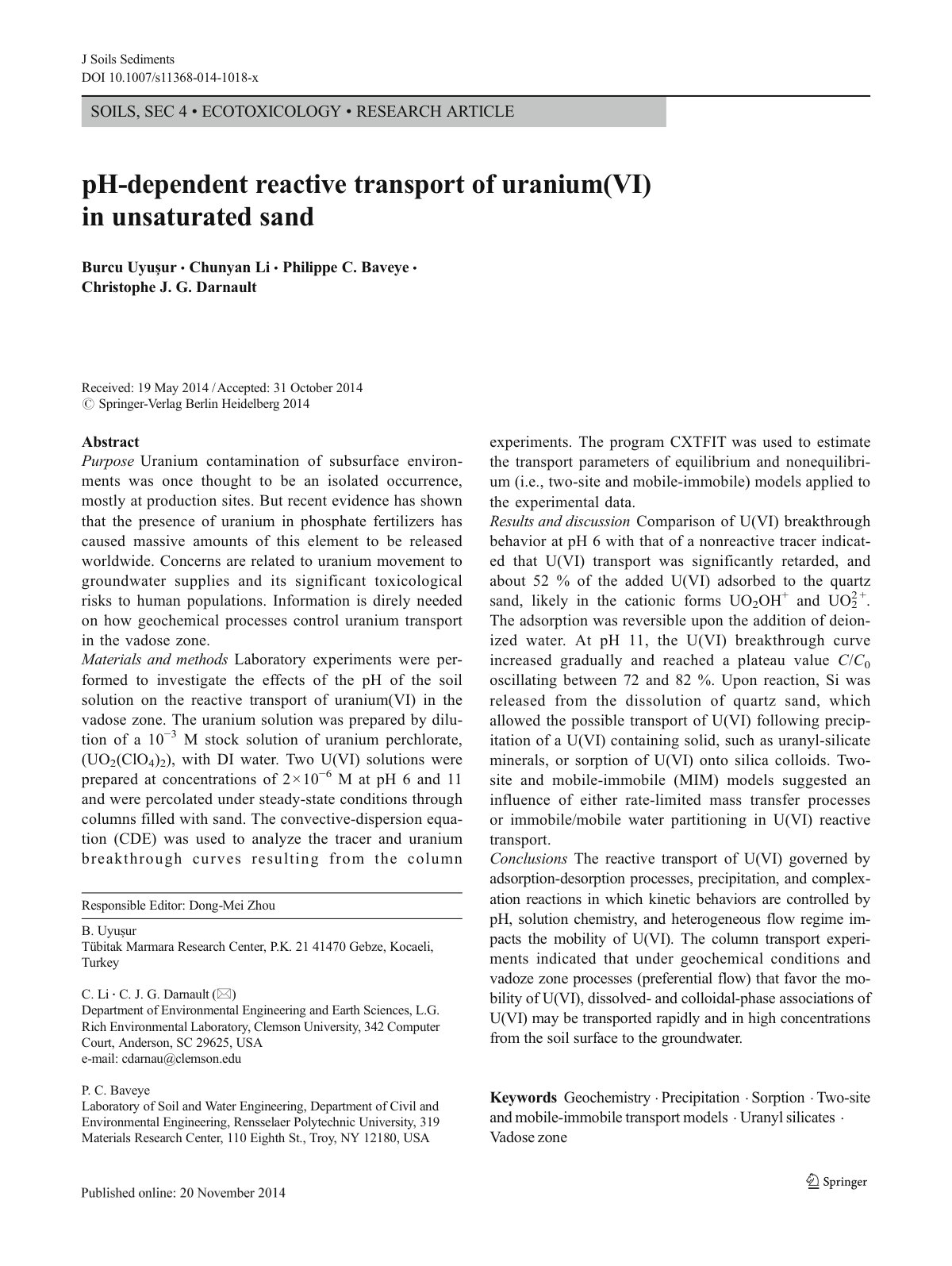 First page of pH-dependent reactive transport of uranium(VI) in unsaturated sand