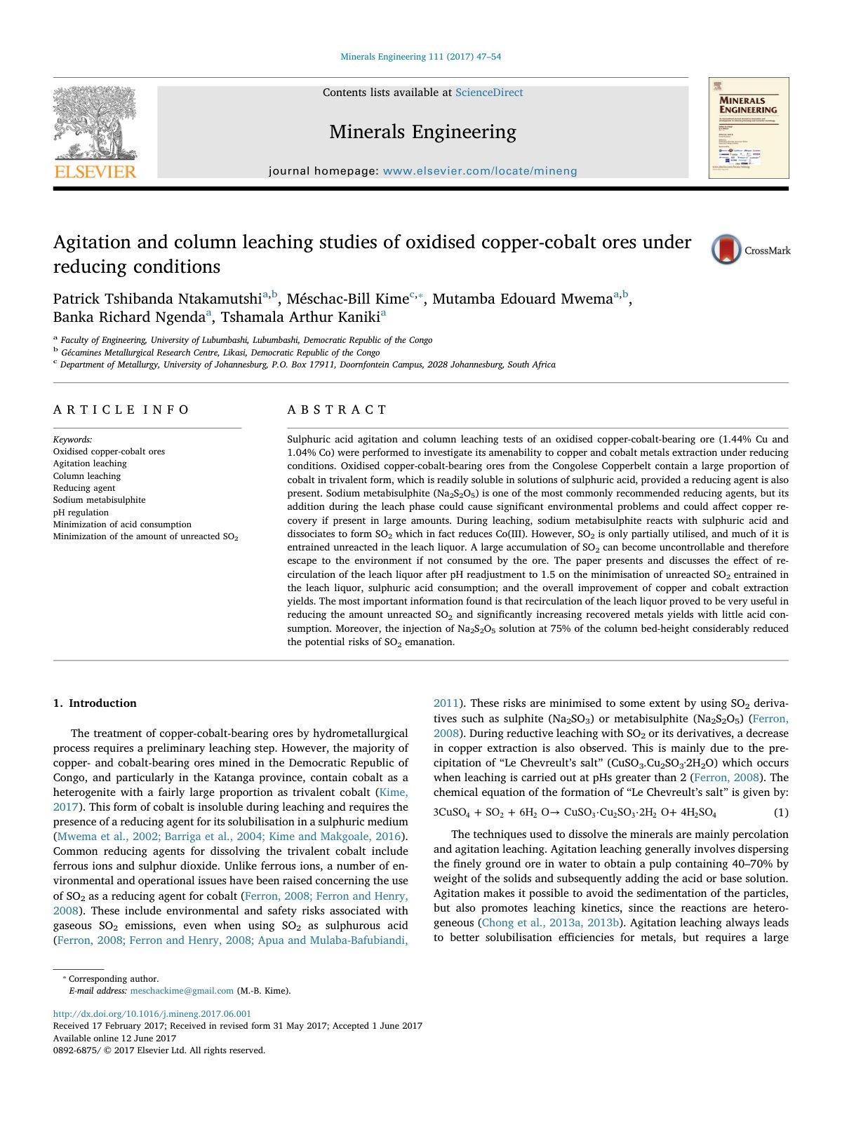 First page of Agitation and column leaching studies of oxidised copper-cobalt ores under reducing conditions