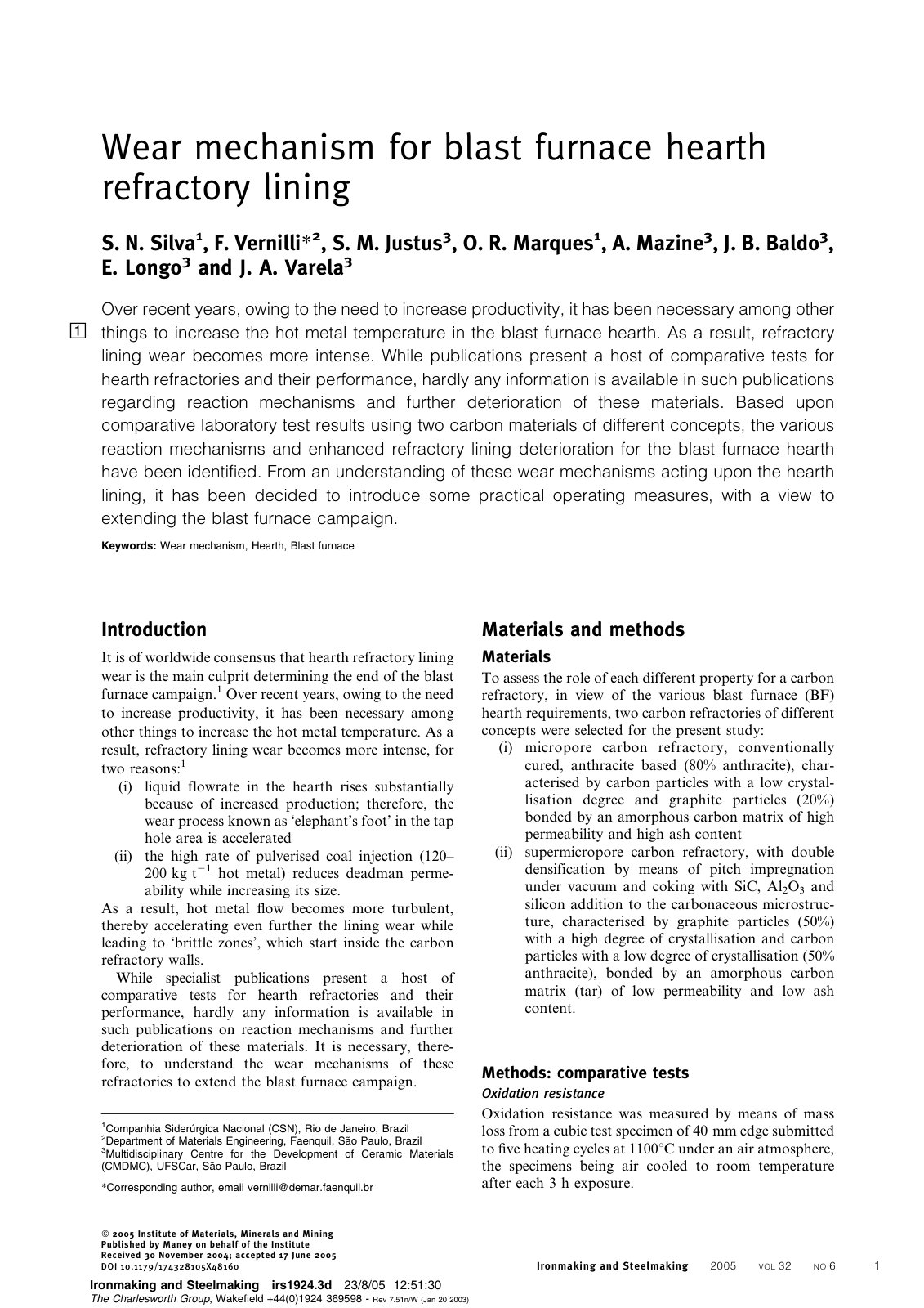 First page of Wear mechanism for blast furnace hearth refractory lining