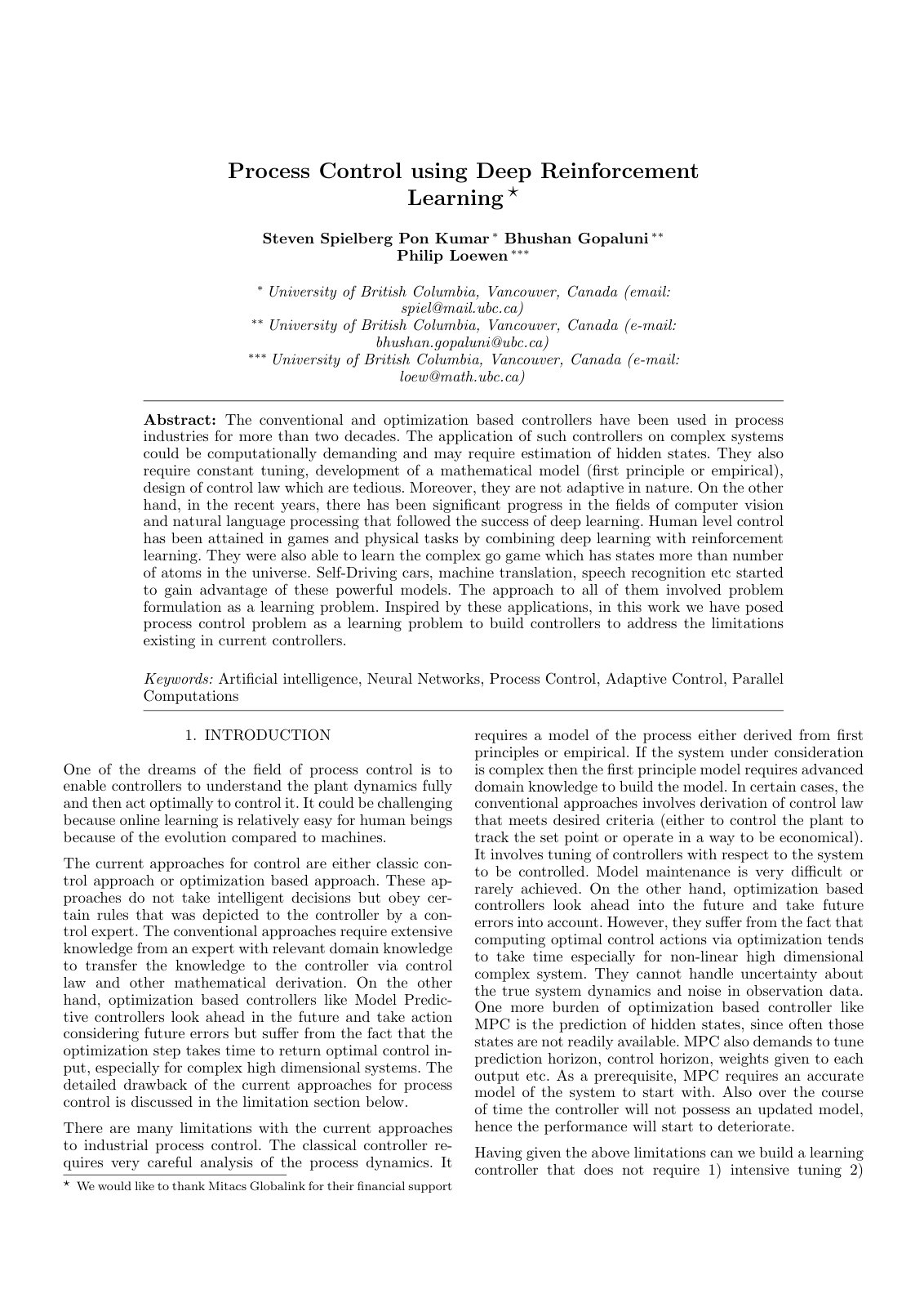 First page of Process Control using Deep Reinforcement