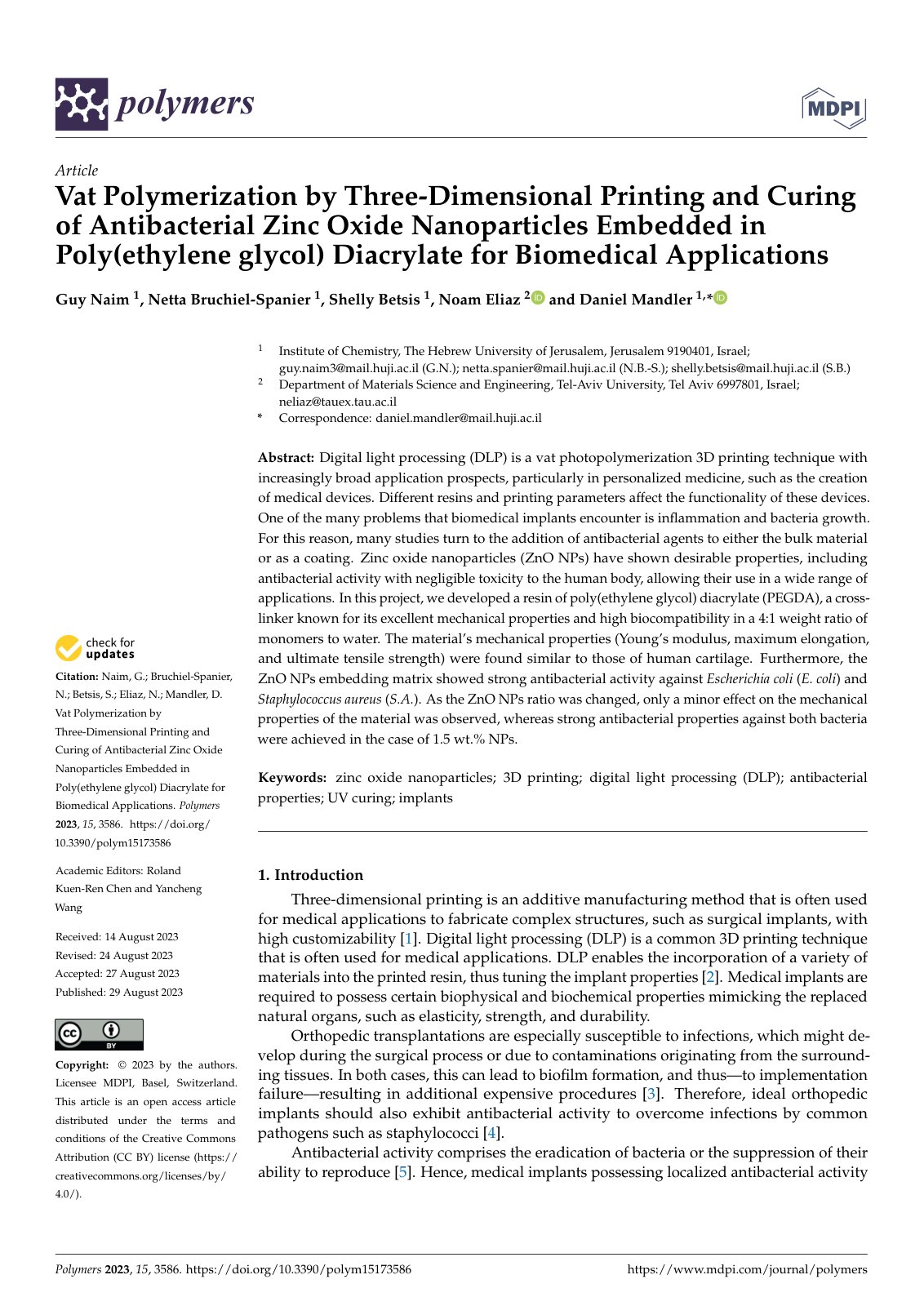 First page of Vat Polymerization by Three Dimensional