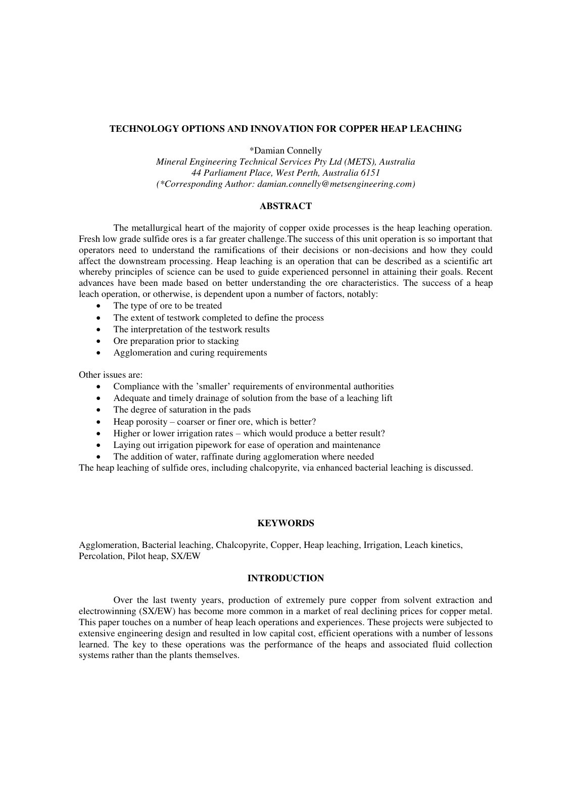 First page of Technology Options and Innovation for Copper Heap Leaching