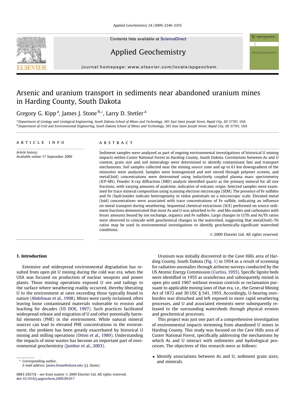 First page of Arsenic and uranium transport in sediments near abandoned uranium mines in Harding County, South Dakota