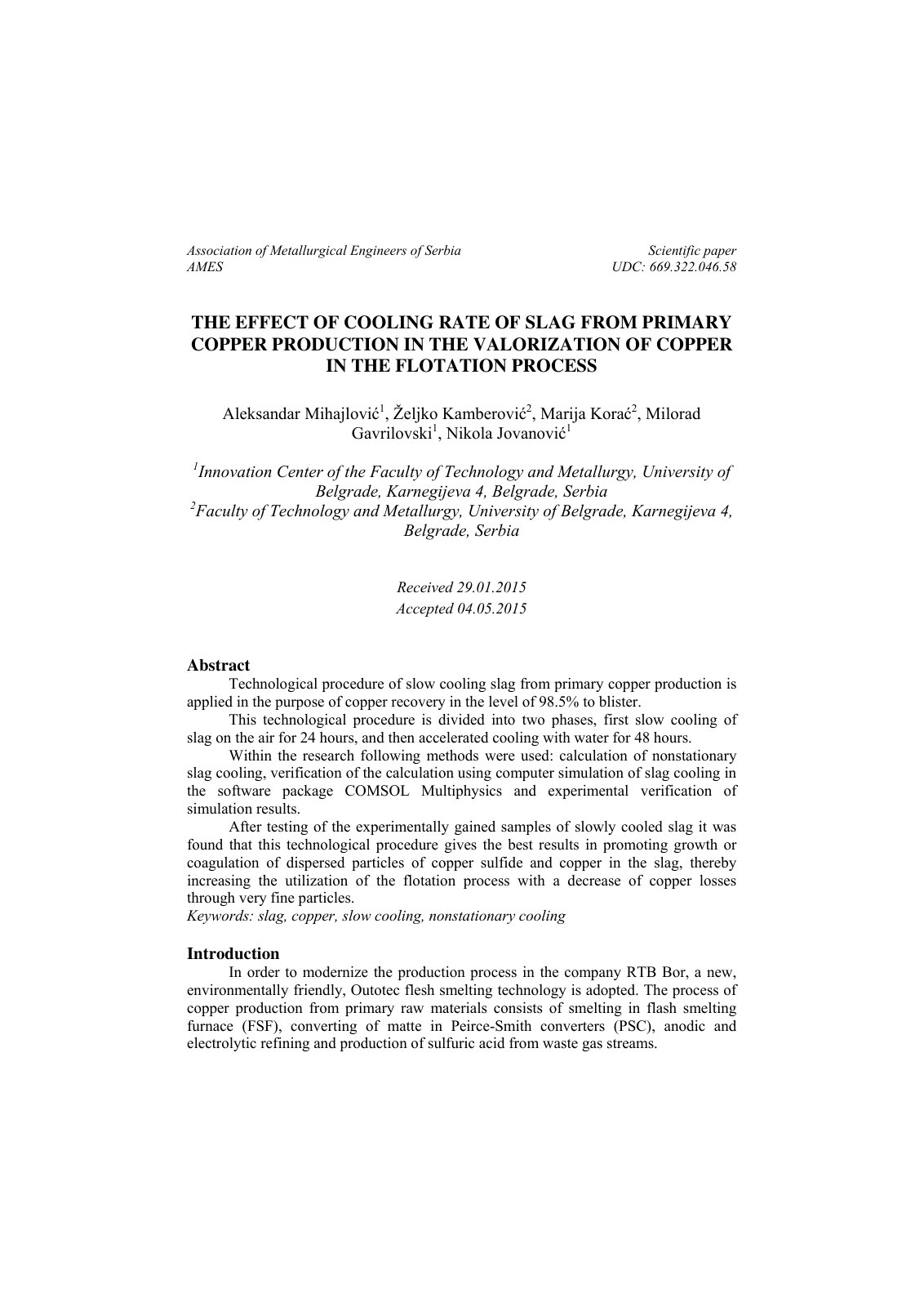 First page of THE EFFECT OF COOLING RATE OF SLAG FROM PRIMARY COPPER PRODUCTION IN THE VALORIZATION OF COPPER IN THE FLOTATION PROCESS