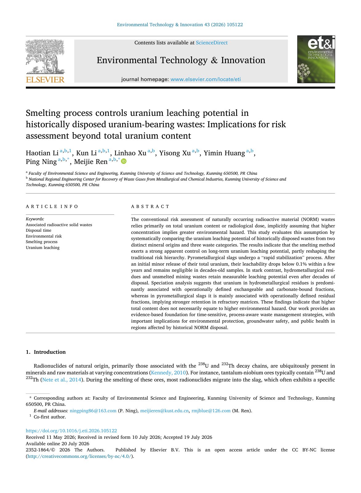 First page of Smelting process controls uranium leaching potential in hi 2026 Environmenta