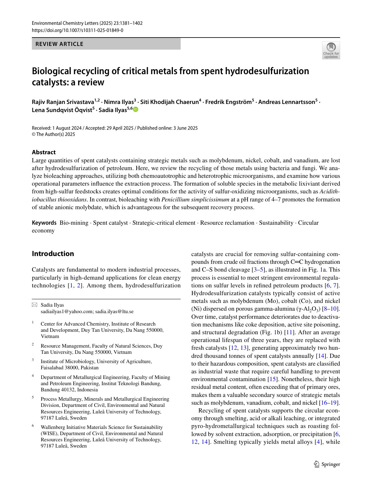 First page of Biological recycling of critical metals from spent hydrodesulfurization catalysts: a review