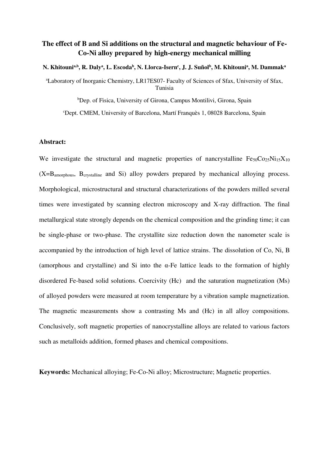 First page of The effect of B and Si additions on the structural and magnetic behaviour of Fe-Co-Ni alloy prepared by high-energy mechanical milling